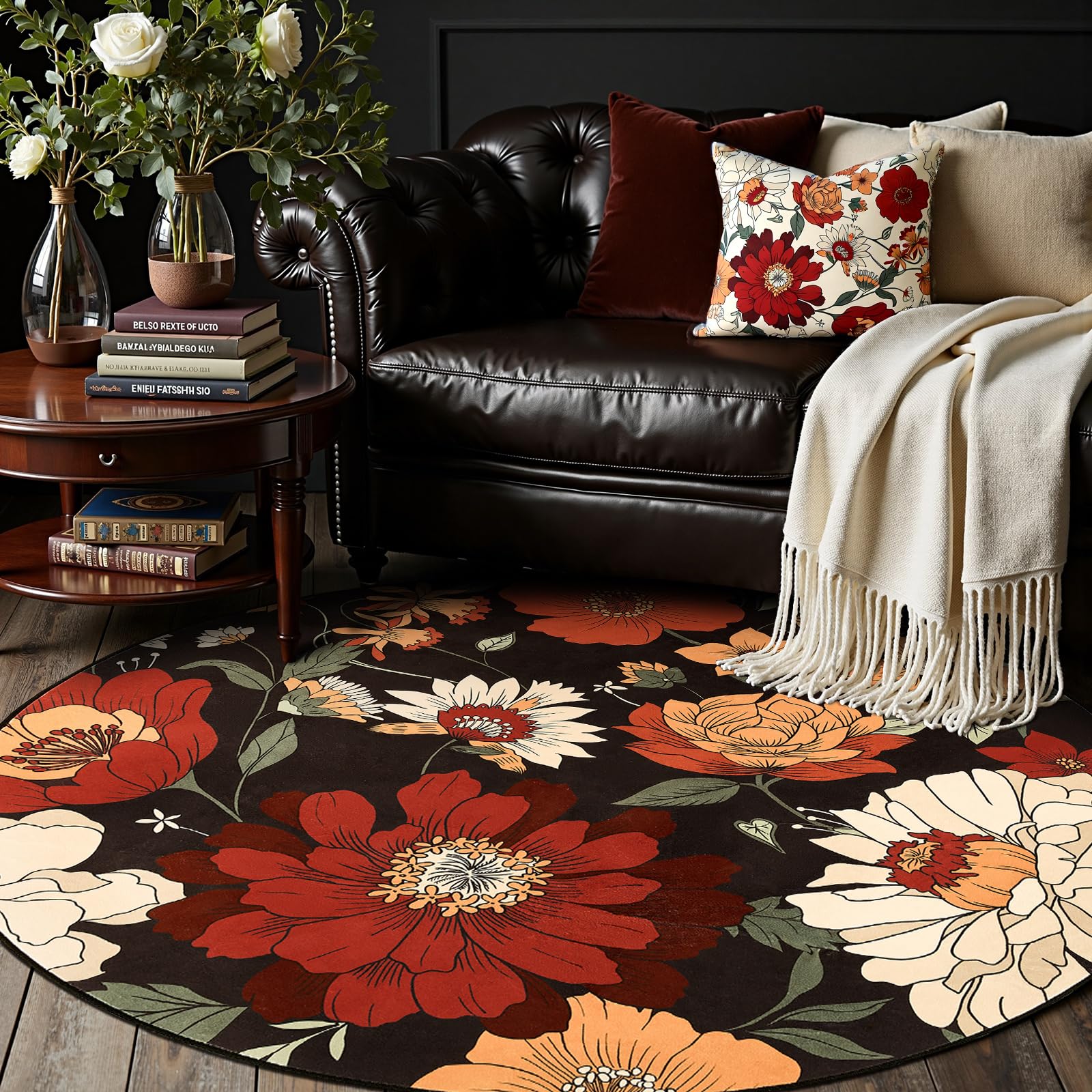 Photo 1 of jinchan Vintage Floral Round Rug, 5ft Black Multi