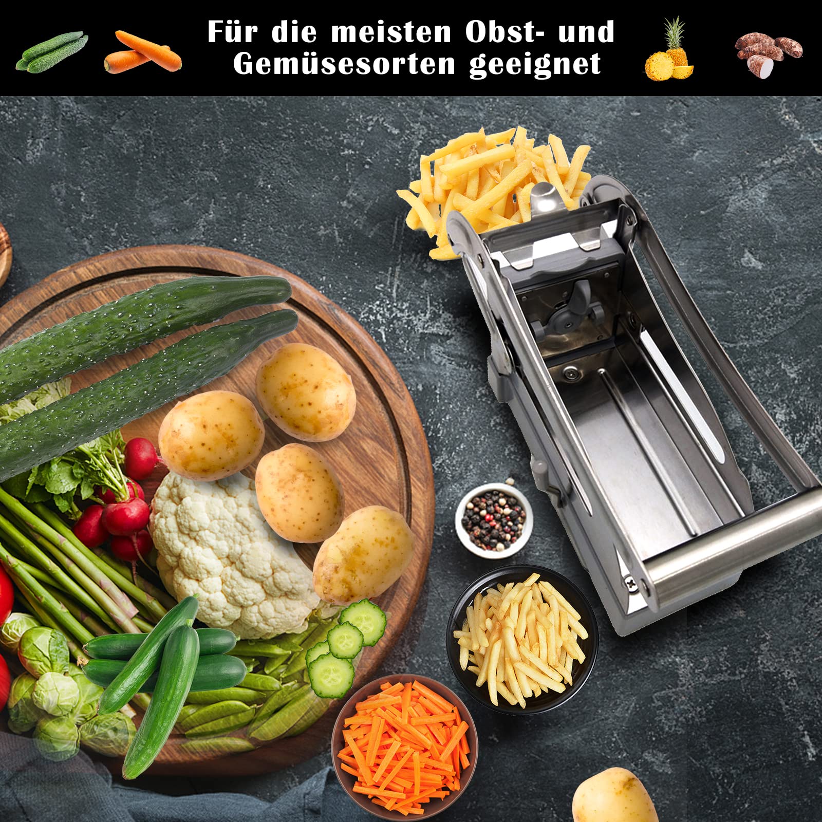 Coupe Frite Professionnel, Coupe-Frites en Acier Inoxydable,Coupe Frites Manuel, Coupe Pomme de Terre avec 2 Inserts de Coupe, Accessoires pour Friteuse, Antidérapant, pour Oignon, Carotte