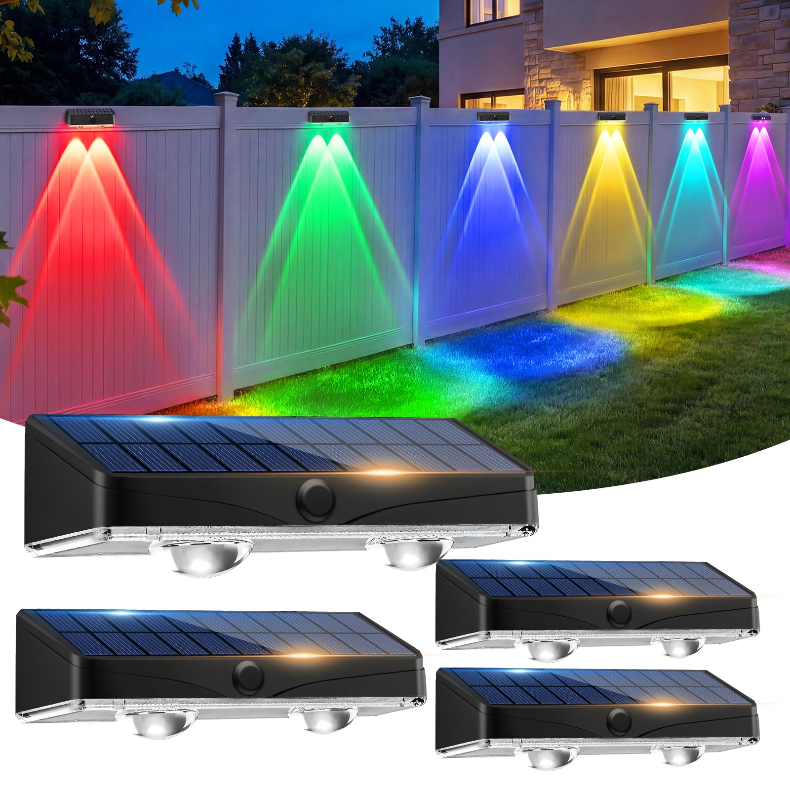 Kolpop Solar Fence Lights Outdoor, 4 Pack Solar Lights Outdoor Garden, 9 Colors 11 Modes RGB Fence Lights Solar Powered, Waterproof Wall Lights for Patio, Yard, Gate, Step, Pool Decoration