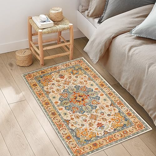 Miniatura 3 de COMSLE Alfombra bohemia de 2 x 3 pies, lavable, pequeña, para entrada, lana sintética, envejecida, antideslizante, alfombra de piso, alfombra para