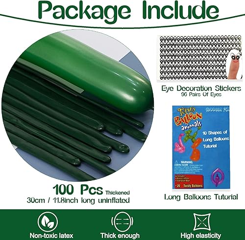 Miniatura 2 de Paquete de 100 globos de color verde oscuro, 260 globos mágicos gruesos y delgados para arco de globos, animales, payaso, niños, cumpleaños, fiesta,