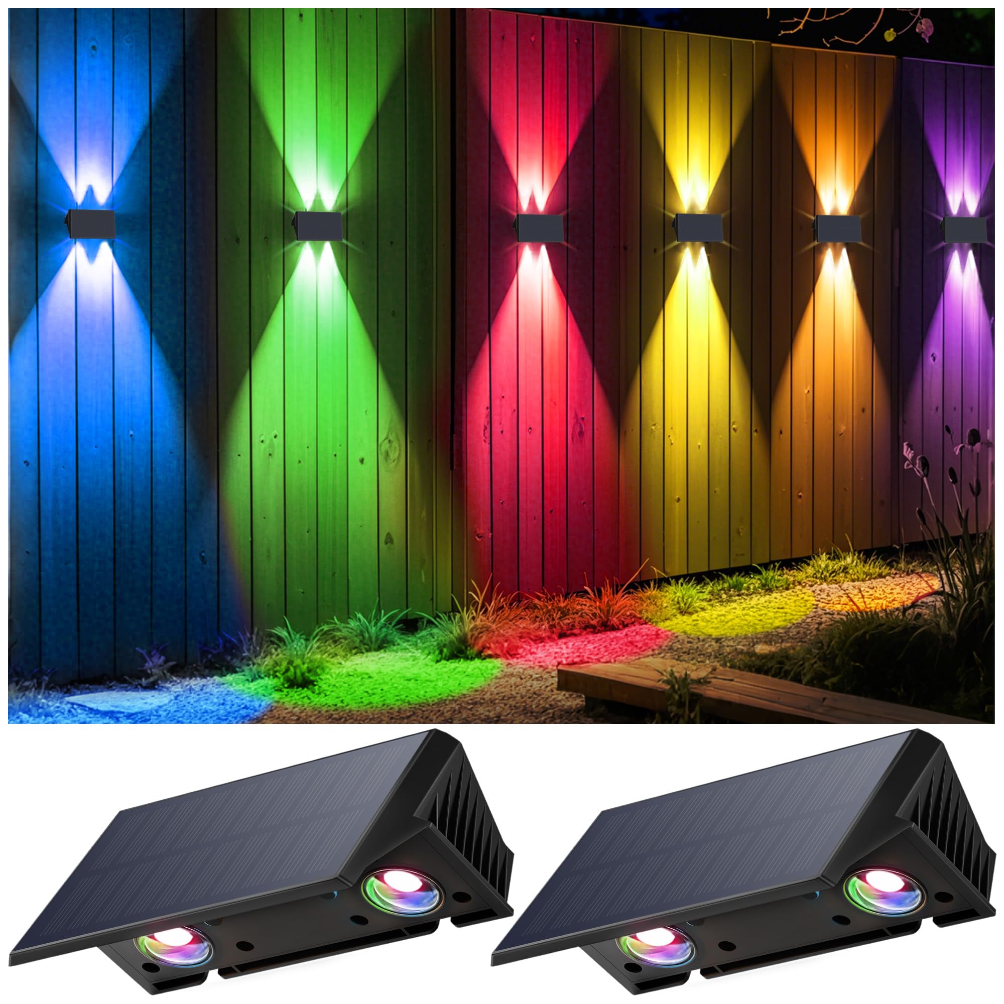 IIRARA Lampada Solare da Esterno di Nuova Generazione 2025 Alto e Basso Luci Solari Esterno Bianco Caldo e RGB Illuminazione per Esterni 120LM Applique da Esterno Solare IP67 per Vialetto 2 Pezzi
