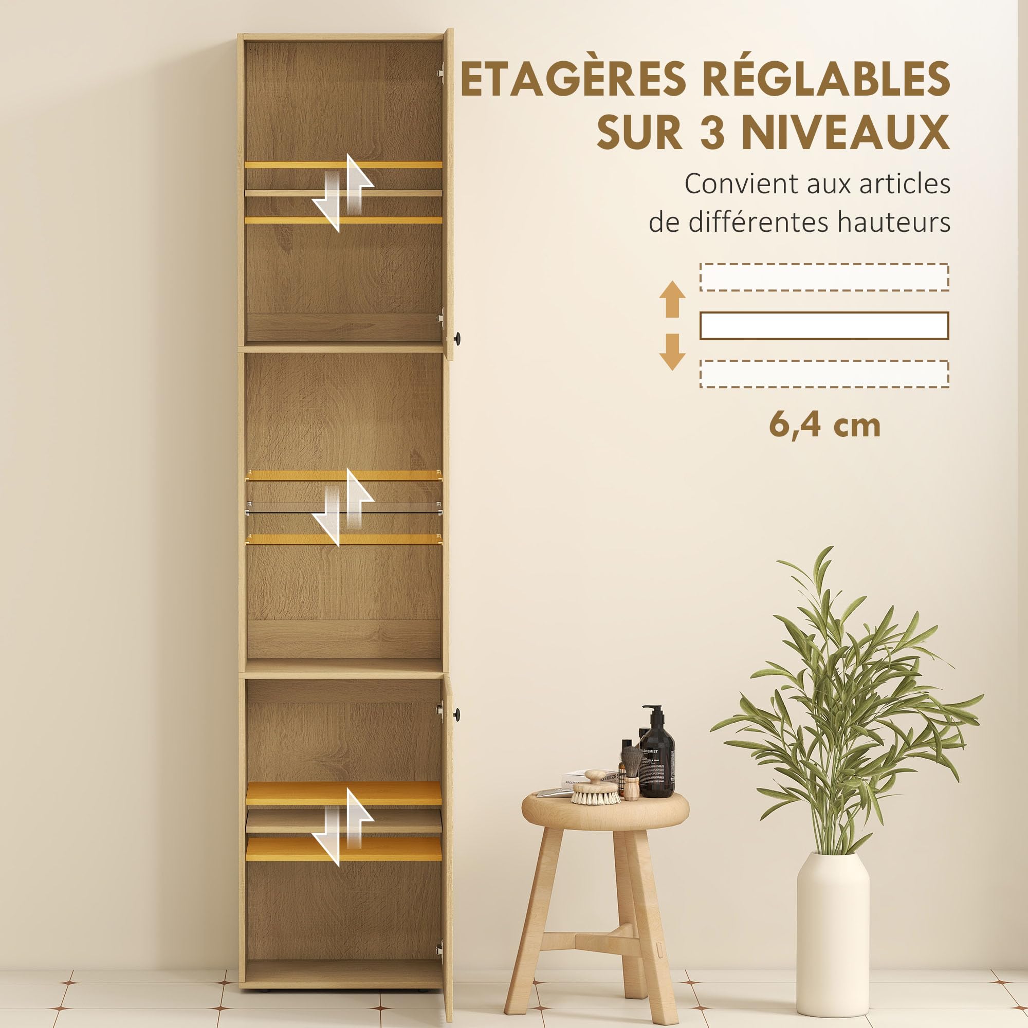 HOMCOM Meuble Colonne Salle de Bain, Meuble de Rangement étroit 6 Niveaux, 2 Portes, Compartiments Ouverts, étagère Verre trempé, étagères réglables, pour Toilette, Petits espaces, 40x31x182cm, chêne