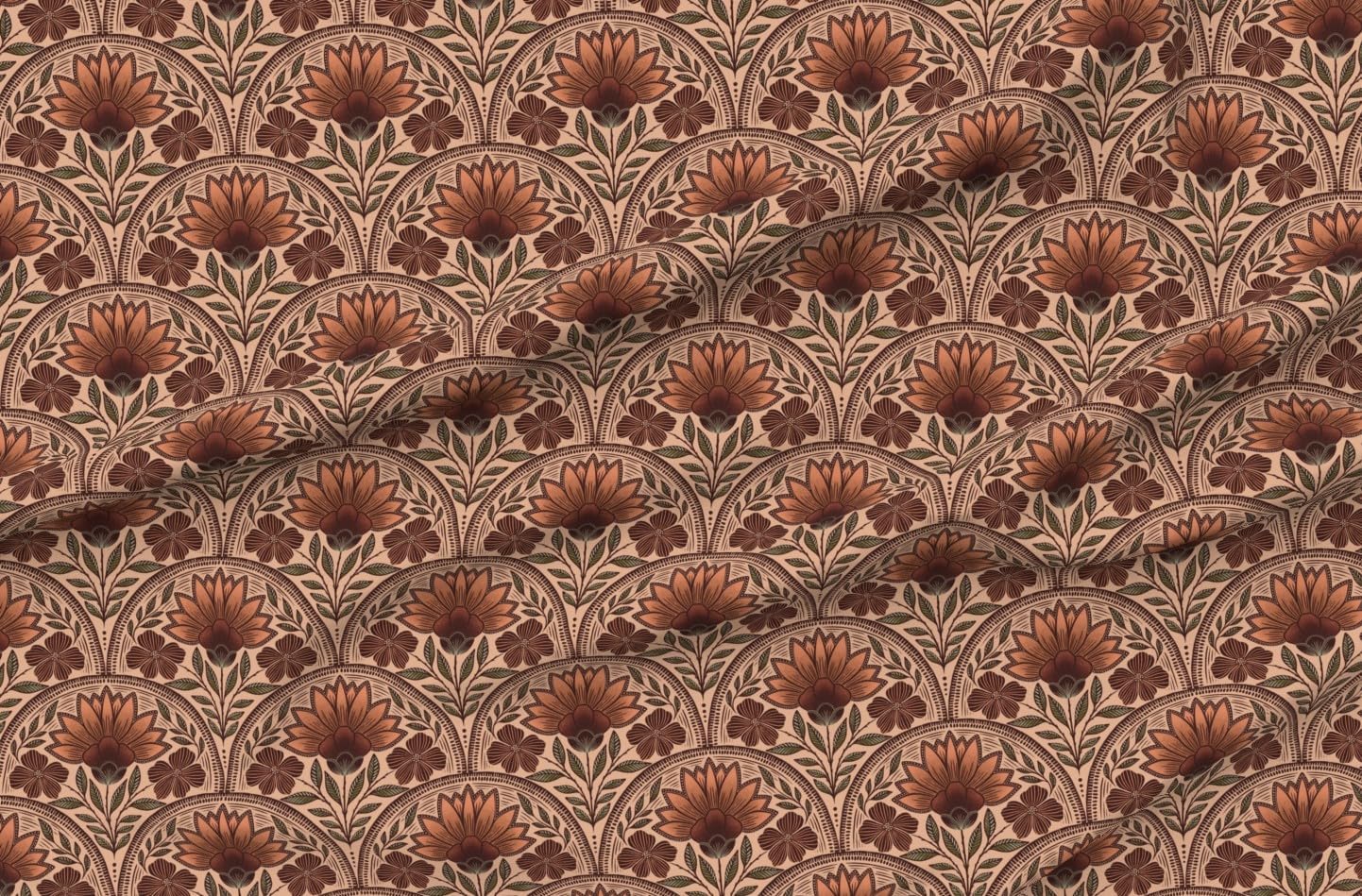 Spoonflower Fabric - Earth Tone Floral Art Deco Beige Rust Nouveau Rustic Damask Bohemian Printed on Petal Cotton Fabric Fat Quarter - Sewing Quilting Apparel Crafts Decor