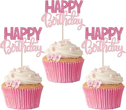 Rsstarxi 24 Pack Happy Birthday Cupcake Toppers Glitter Celebrating Birthday Cupcake Picks Decoration for Baby Shower Boys Girls Kids Birthday Party Cake Decorations Supplies Pink