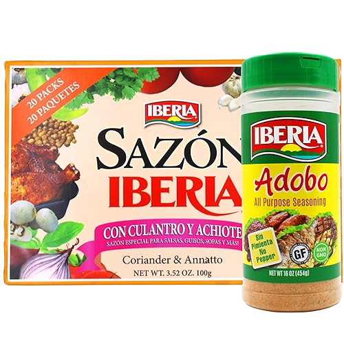 Sazon Iberia con cilantro y achiote 6.34 onzas (36 paquetes) + Iberia Adobo condimento multiusos sin pimienta, 16 onzas