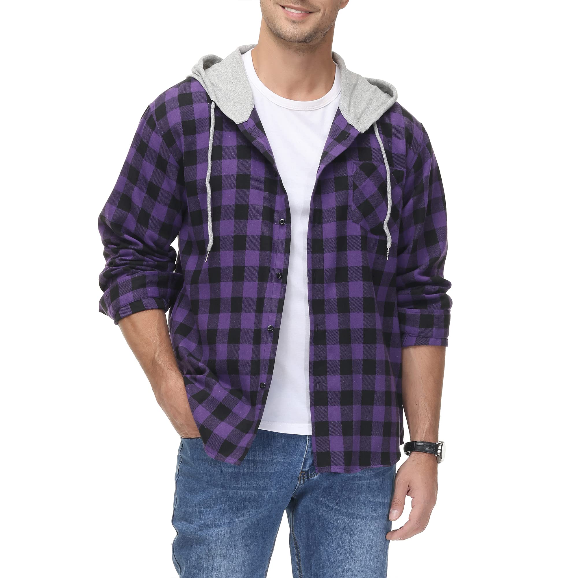 Men's Flannel Hoodie Plaid Shirts Jacket Casual Long Sleeve Button Down Lightweight Hooded Shirt
