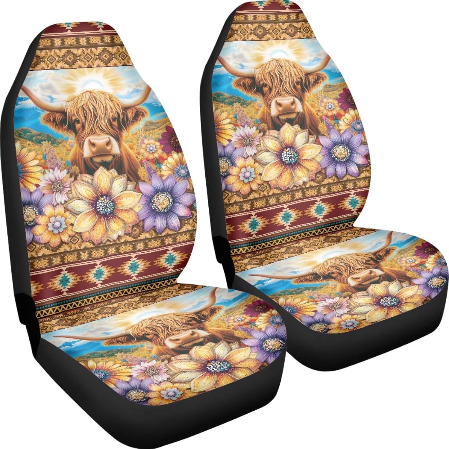Boho Car Towel Seat Cover 2 Pack - Breathable Waterproof Car Seat Cover Towels Universal Fit for Most Vehicles, Highland Cow Car Accessories