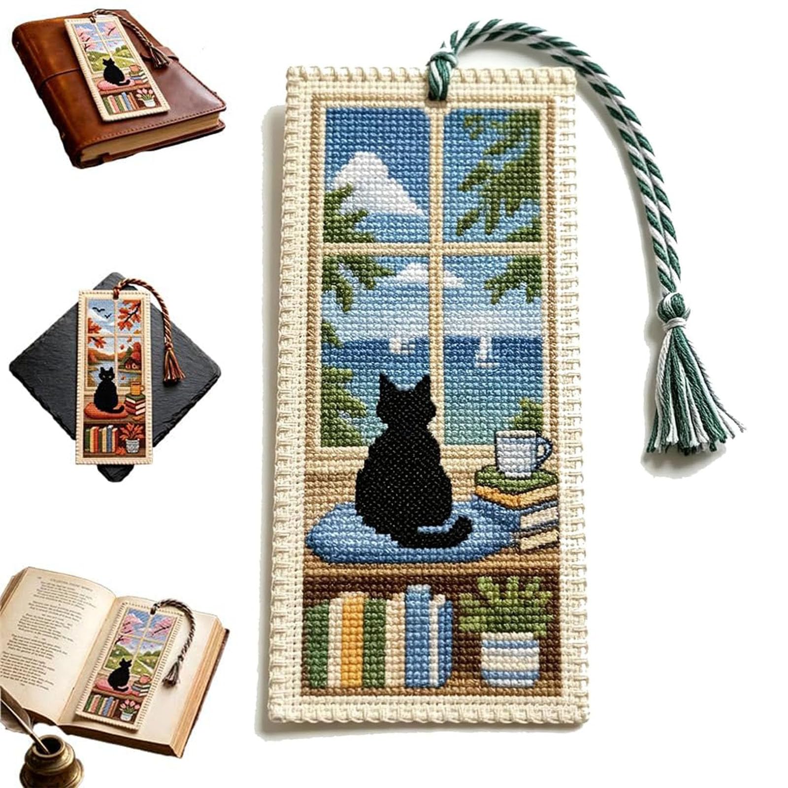 Seasonal Cat Cross Stitch Bookmark Kit for Adult Beginners, Cartoon Cat Embroidery Bookmarks, Black Cats Cross Stitch Bookmark Kit, Gift for Readers & Book Lover 1.6''x5.9'' (Summer)