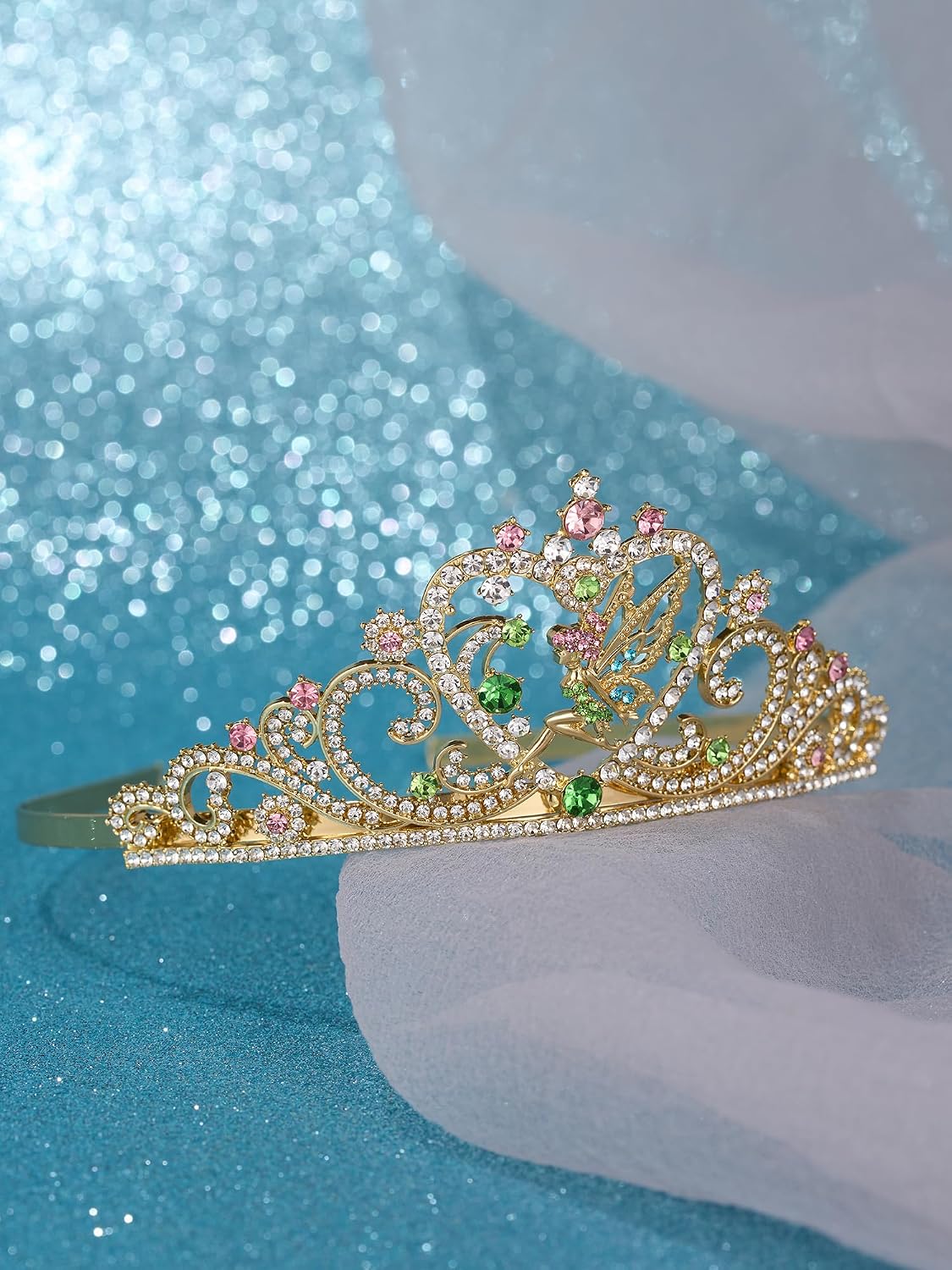 SWEETV Tiaras for Little Girls, Princess Gold Crown for Flower Fairy, TinkerBell Headband for Kids, Rhinestone Hairpiece for Toddler, Hair Accessories for Girls Halloween Costume Cosplay