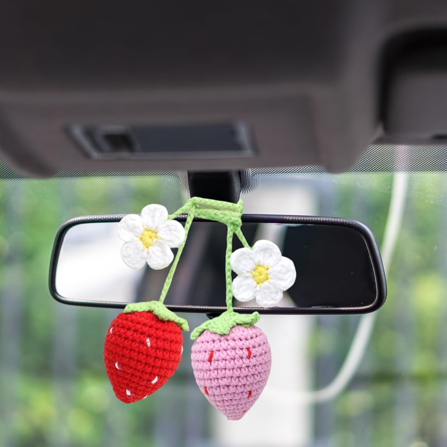 Crochet Steering Wheel Cover Set Women 14-15in, Handmade Granny Square Seat Belt Covers, Boho Strawberry Car Accessories Fit Vehicles, Sedans, SUVs, Vans CSWCS (Wheel Cover Suit + Strawberry Hanging)