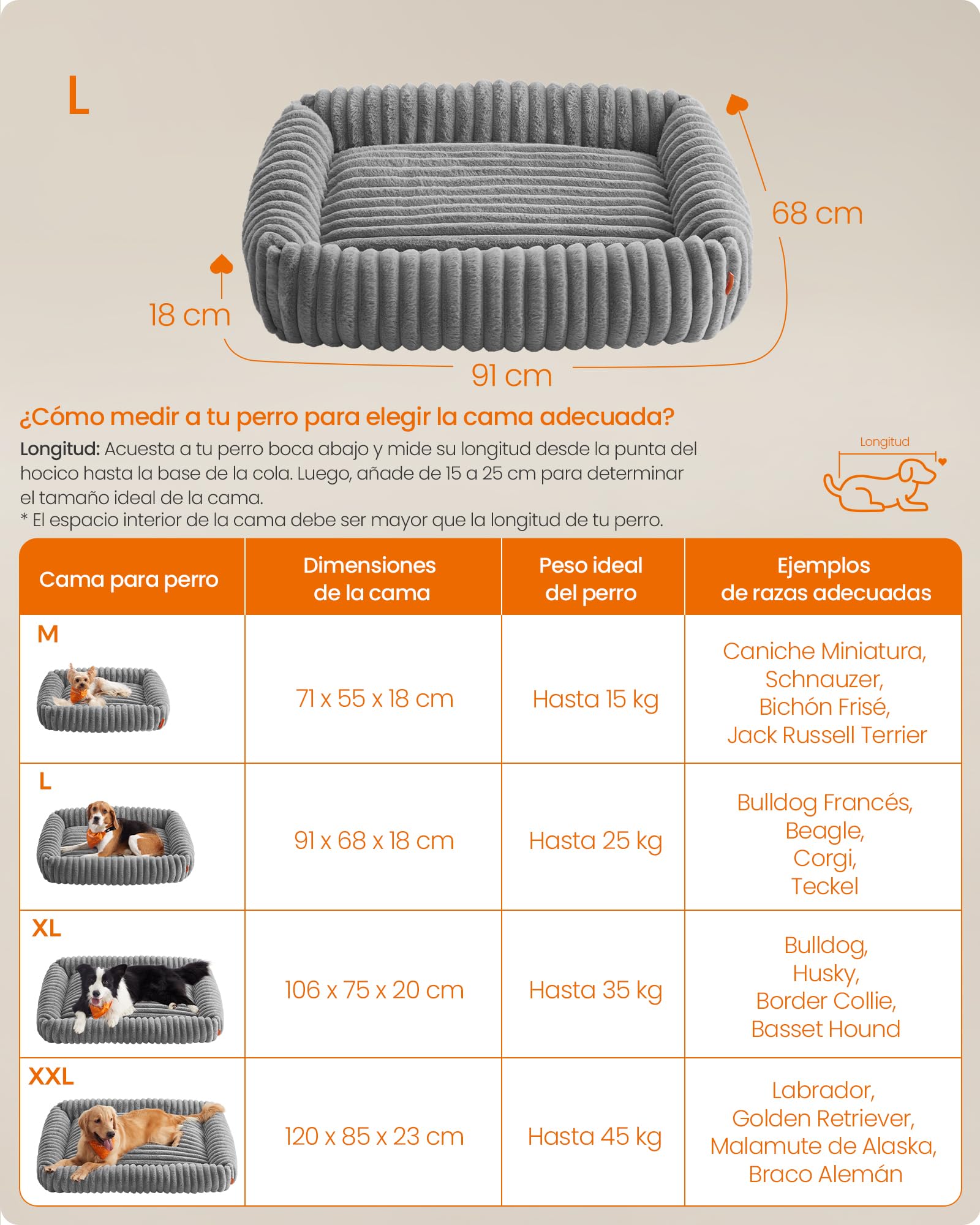 Feandrea Cama para Perros, Cama Ortopédica Grande, Cojín Lavable, Colchoneta Mullida, Acolchado Suave, 91 x 68 x 18 cm, Gris Paloma PGW312GD01