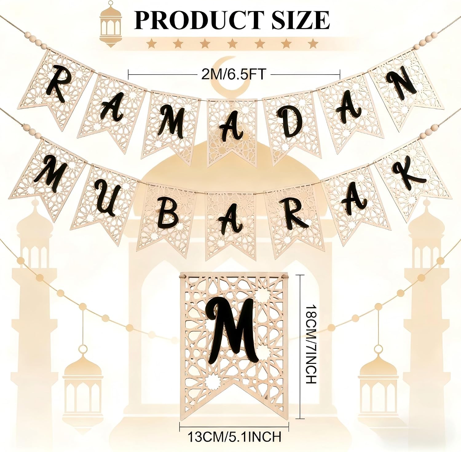 2 Pcs Eid Ramadan Mubarak Wooden Banner-Rustic Bead Ramadan Decorations Black Letter Muslim Party Decor Supplies for Home Fireplace Indoor Outdoor Holiday Celebration（DIY Kit: Hand-Assemble Your ）