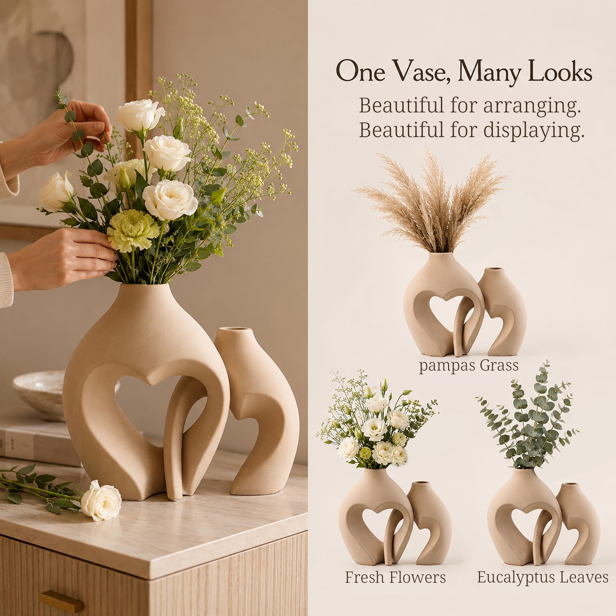 Zormon Braune Herz Vasen aus Keramik (2er Set) - Skandinavisches, Minimalistisches Deko-Set für Hochzeit & Wohnen