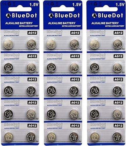 BlueDot Trading AG12 LR43 SR43 260 386 1.5V Batería alcalina para reloj, audífono, calculadora, linternas, entrada sin llave, paquete de ampolla, 30