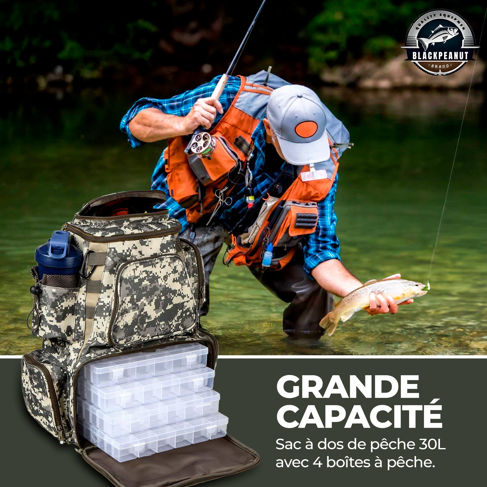 Sac à Dos de Pêche avec 4 Boîtes Spinning Carpe Brochet