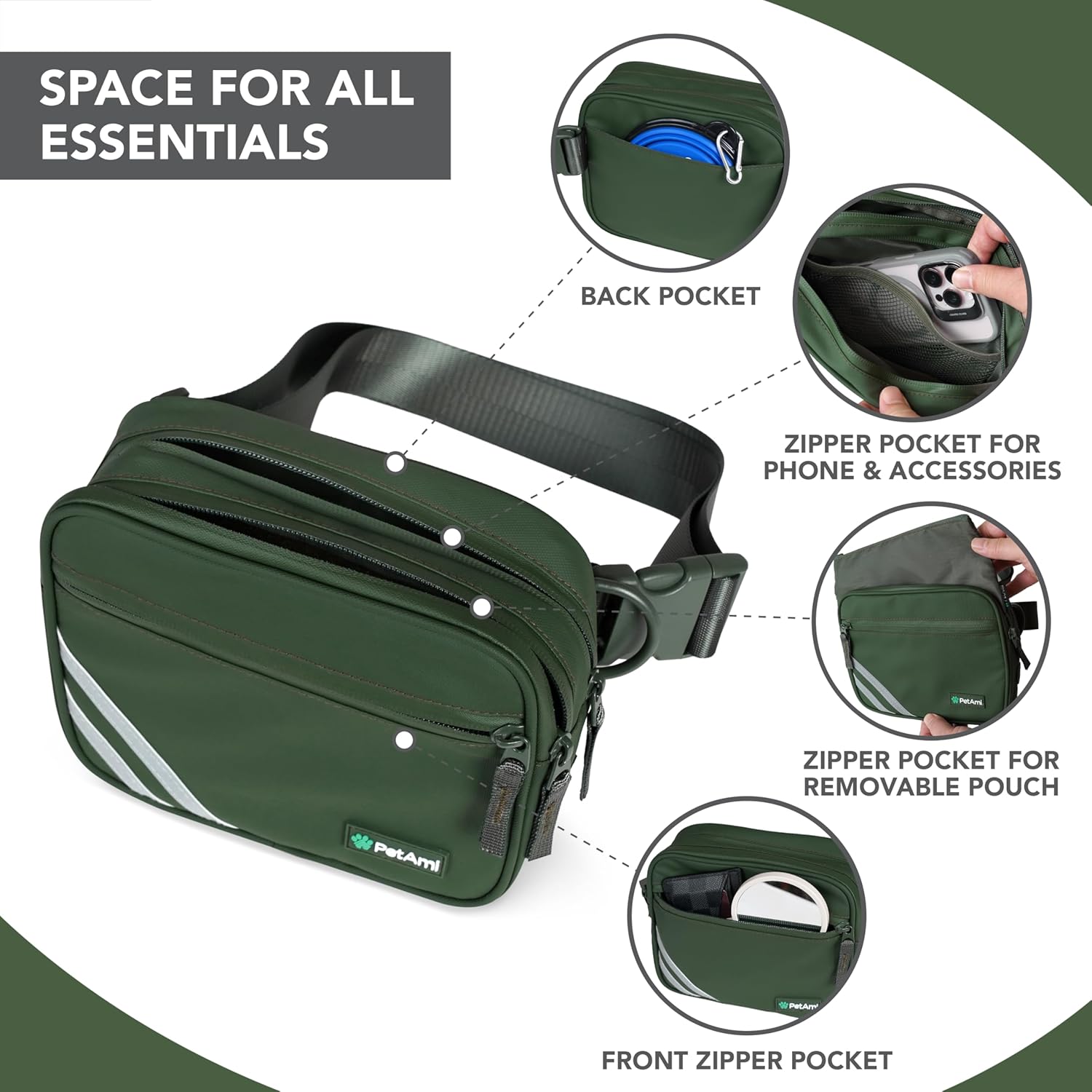 PetAmi Dog Treat Pouch for Walking, Training & Jogging, Hands-Free Dog Walking Bag with Adjustable Crossbody or Waist Strap, Poop Bag Dispenser, Zippered Pockets, Olive