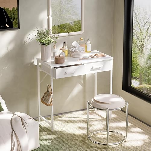 Miniatura 2 de Pamray Escritorio pequeño para computadora de 32 pulgadas con 2 cajones para dormitorio, estudio, escritura, mesa de oficina en casa para espacios