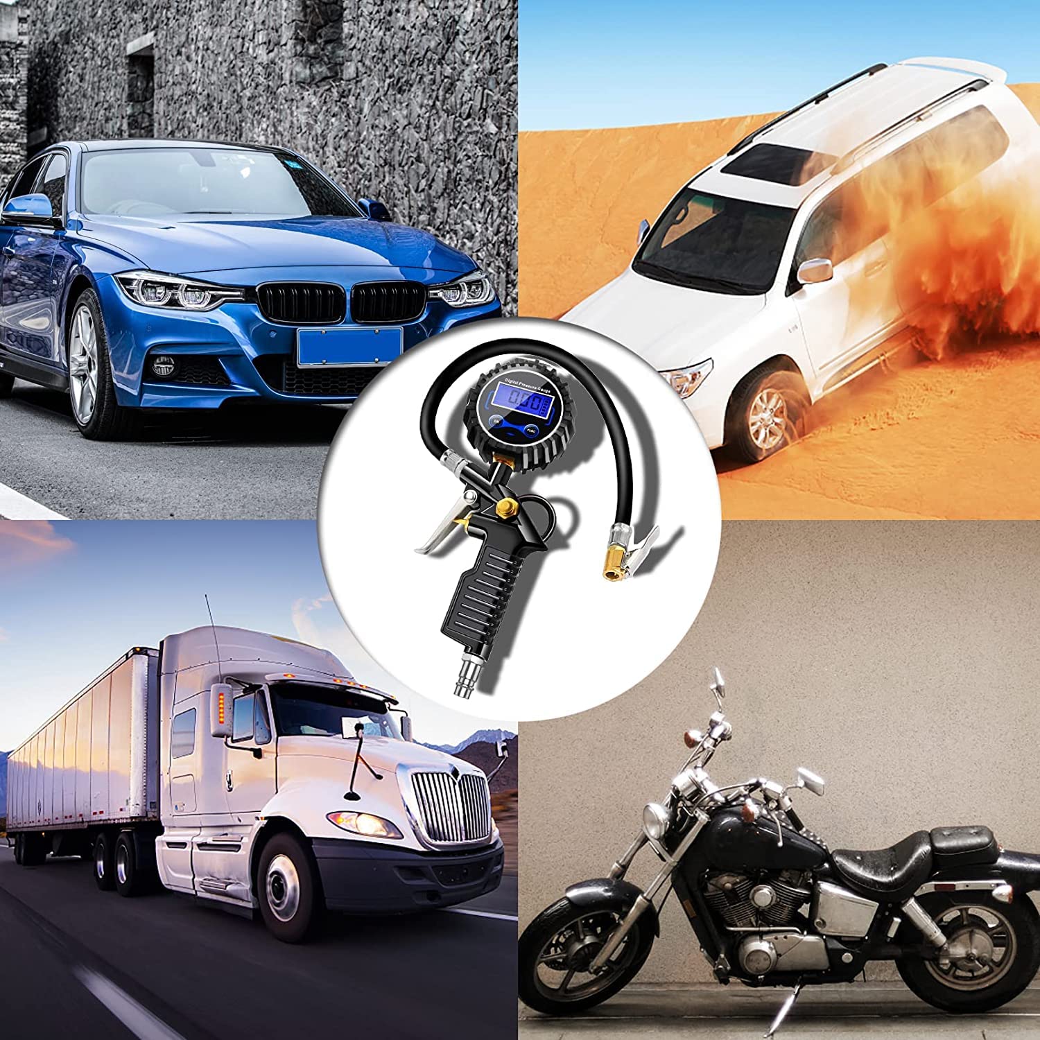 Anykuu 3 in 1 Manometro Pressione Gomme 220PSI Digitale con Display LCD e 4 Unità di Misura Alta Precisione per Auto Moto Biciclette SUV Camion