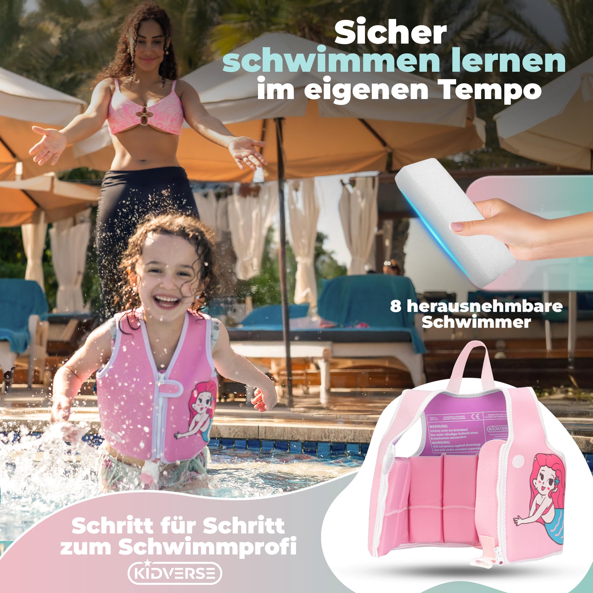 KIDVERSE Chaleco salvavidas para niños, ayuda a la natación con circunferencia abdominal de hasta 62 cm, ayuda a nadar para niños, chaleco salvavidas para niños para aprender a nadar, chaleco salv
