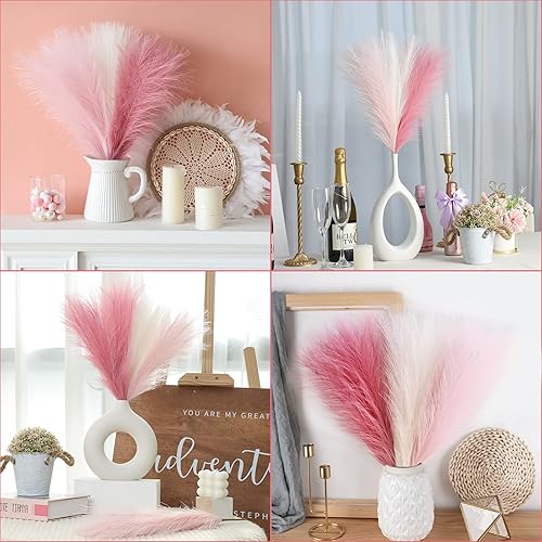 Miniatura 6 de CEWOR Decoración rosa de hierba de las pampas, flores falsas cortas de 17 pulgadas, rellenos de jarrón, hierba pomposa, decoración navideña bohemia