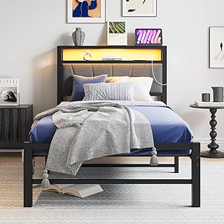 BORPHOM 3ft Single Bed Frames with Storage Headboard,Charging Station/LED Lights,Metal Upholstered Platform Bed Frame Single No Box Spring Needed,Strong Metal Slats Support/Noise Free/Grey