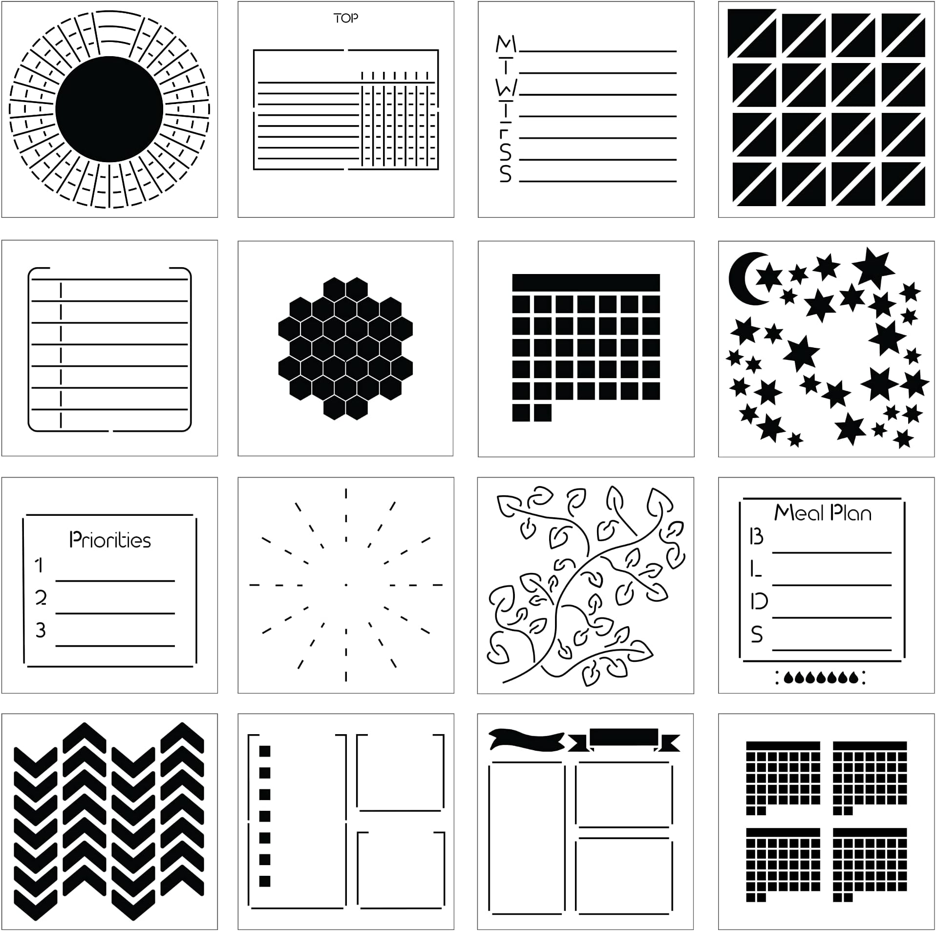 Portable Planner Stencils - x16 Small Square Journal Stencils with Templates for Habit Trackers, Calendars, Checklists, Meal Plans - Journaling Supplies Kit & Planner Accessories for Bullet Journals