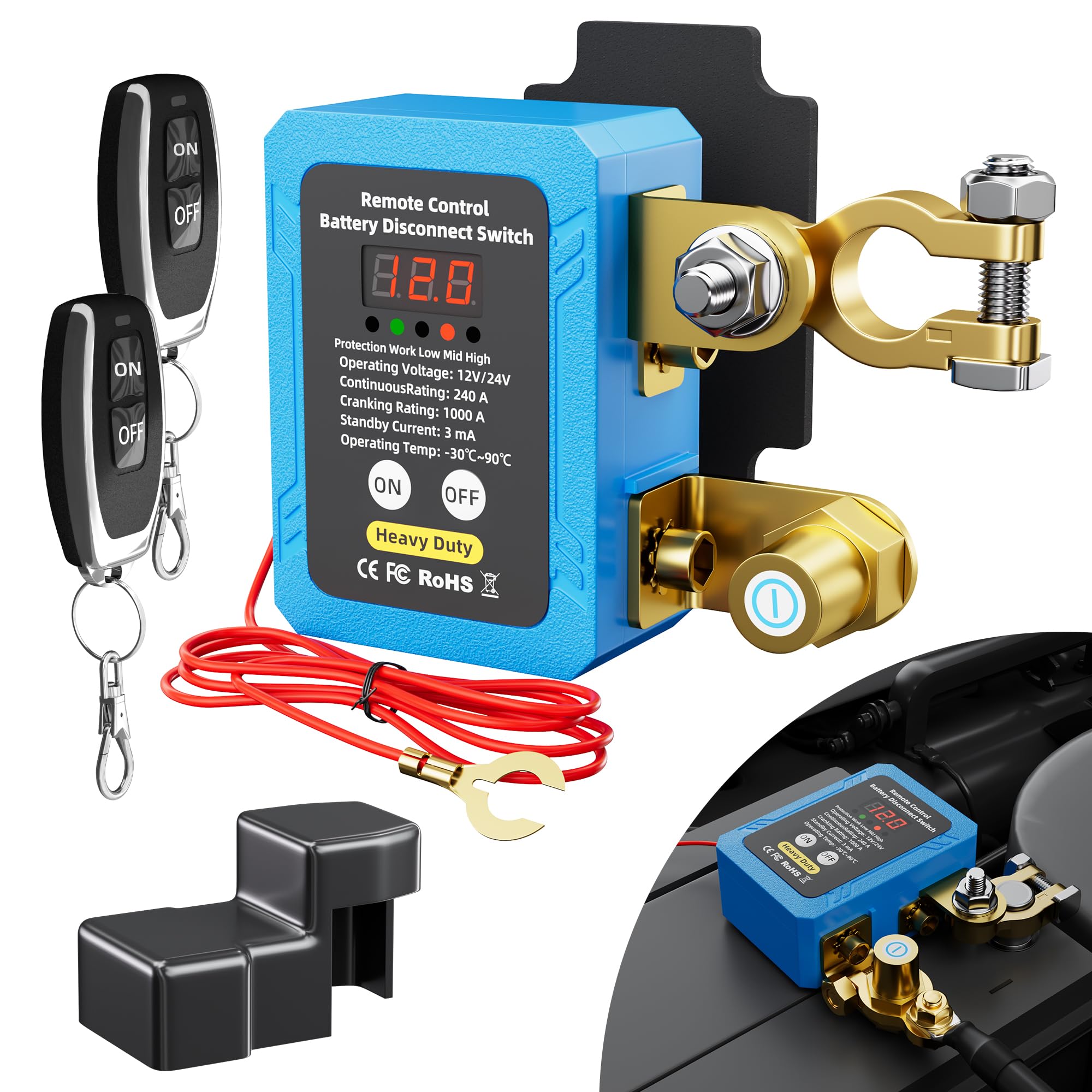 Photo 1 of RVBOATPAT 240A Kill Switch 12V Remote Battery Disconnect Switch with Led Voltage Display Automatic Power Shut Off Switch Anti Theft for Auto Car Truck Boat