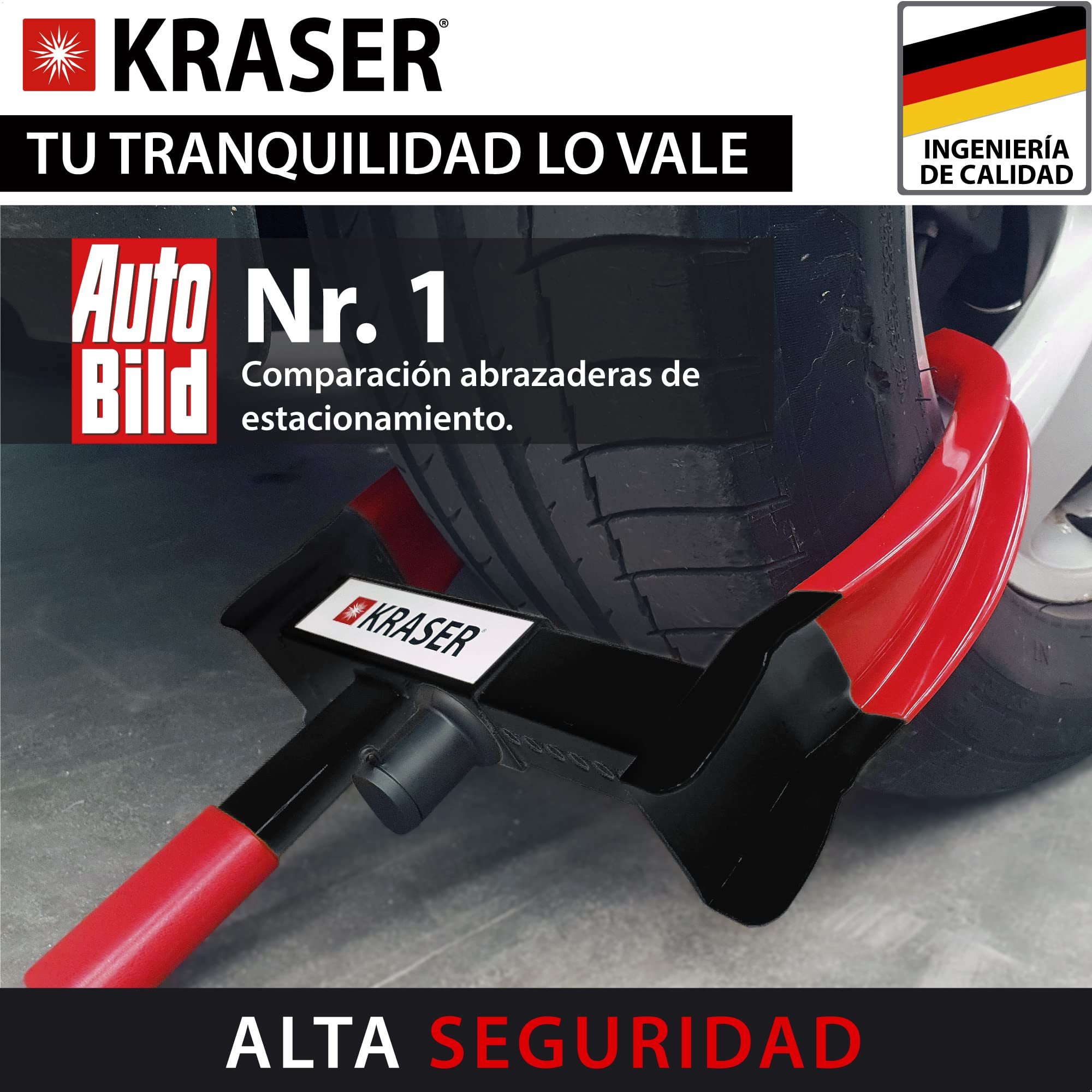 KRASER KR820 Cepo Coche Antirrobo, N1 Alemania, Testado Anti Taladro, Protección Que tranquiliza, Inmovilizador Cepo Rueda, Antirrobo Coche, Universal Caravana, Remolque, SUV, Furgoneta, Moto