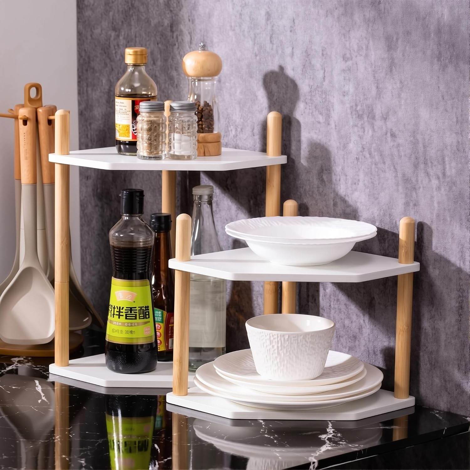2-Tier Extra Tall Bamboo Corner Shelf, Countertop Storage Organizer,Natural image 4