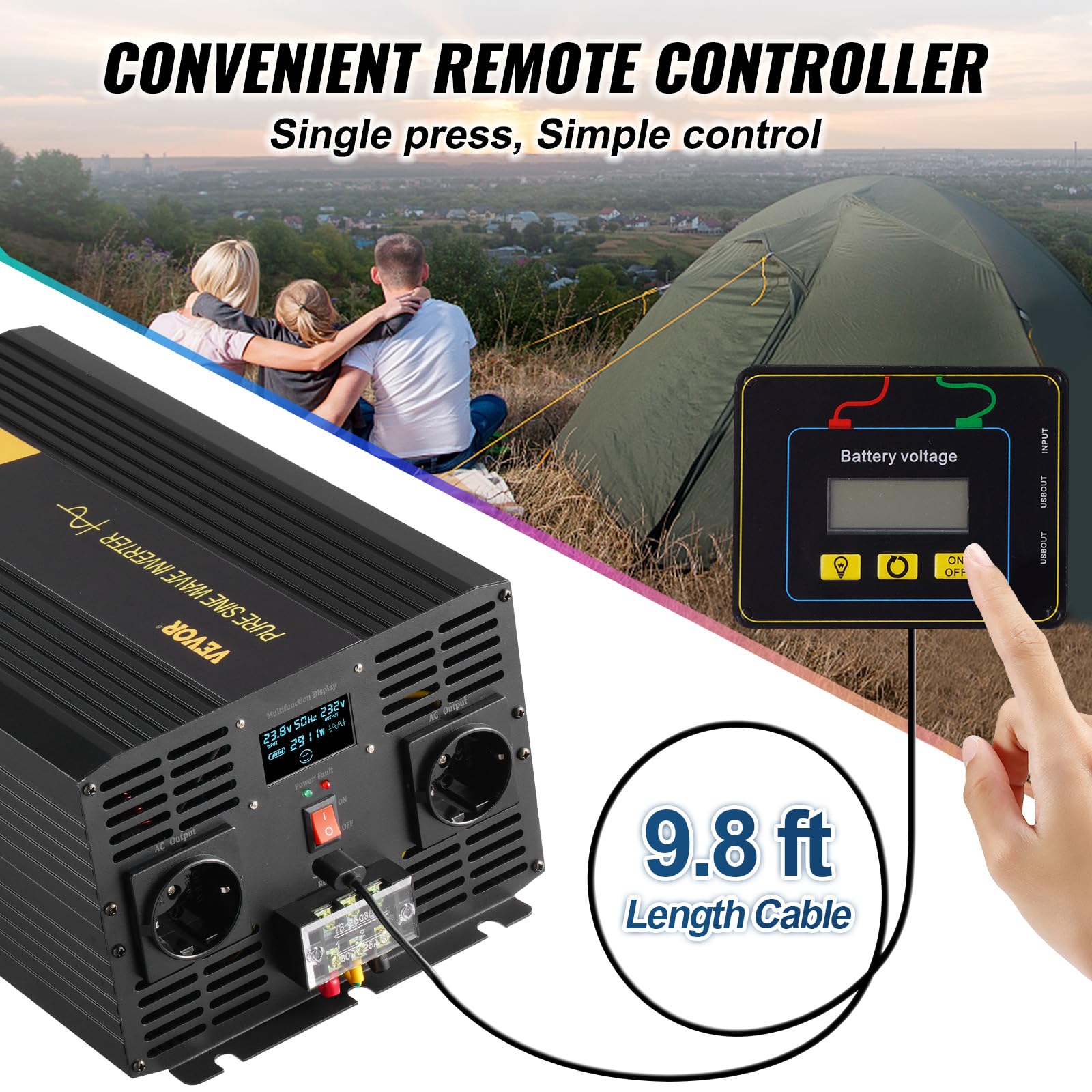 VEVOR Invertitore a Onda Sinusoidale Pura, 3000 W Invertitore di Potenza, DC 24 V a AC 230 V Invertitore per Auto con Schermo LCD Porta USB, Telecomando, per Camper Sistema Solare Viaggio Campeggio