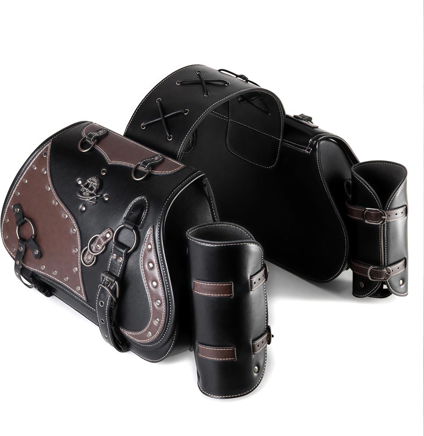 Motorcycle Saddlebags, 30L Leather Waterproof Side Saddle Bags with Cup Holder, Universal Powersports Saddlebags for Harley Davidson Sportster Dyna Softail Honda Shadow Rebel Yamaha Kawasaki Vulcan Brown-1