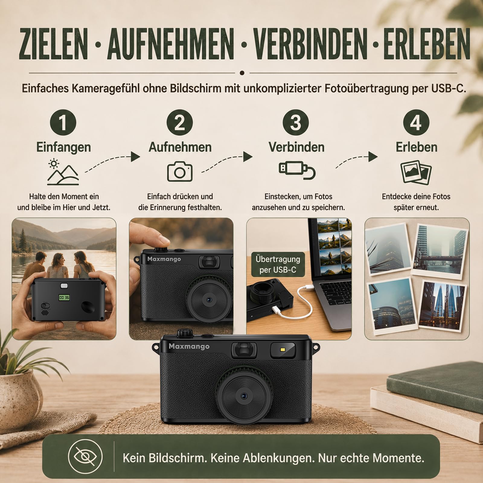 Maxmango D53 Retro Digitalkamera ohne Bildschirm, Einwegkamera-Ersatz, USB-C, 8GB SD-Karte, Schwarz