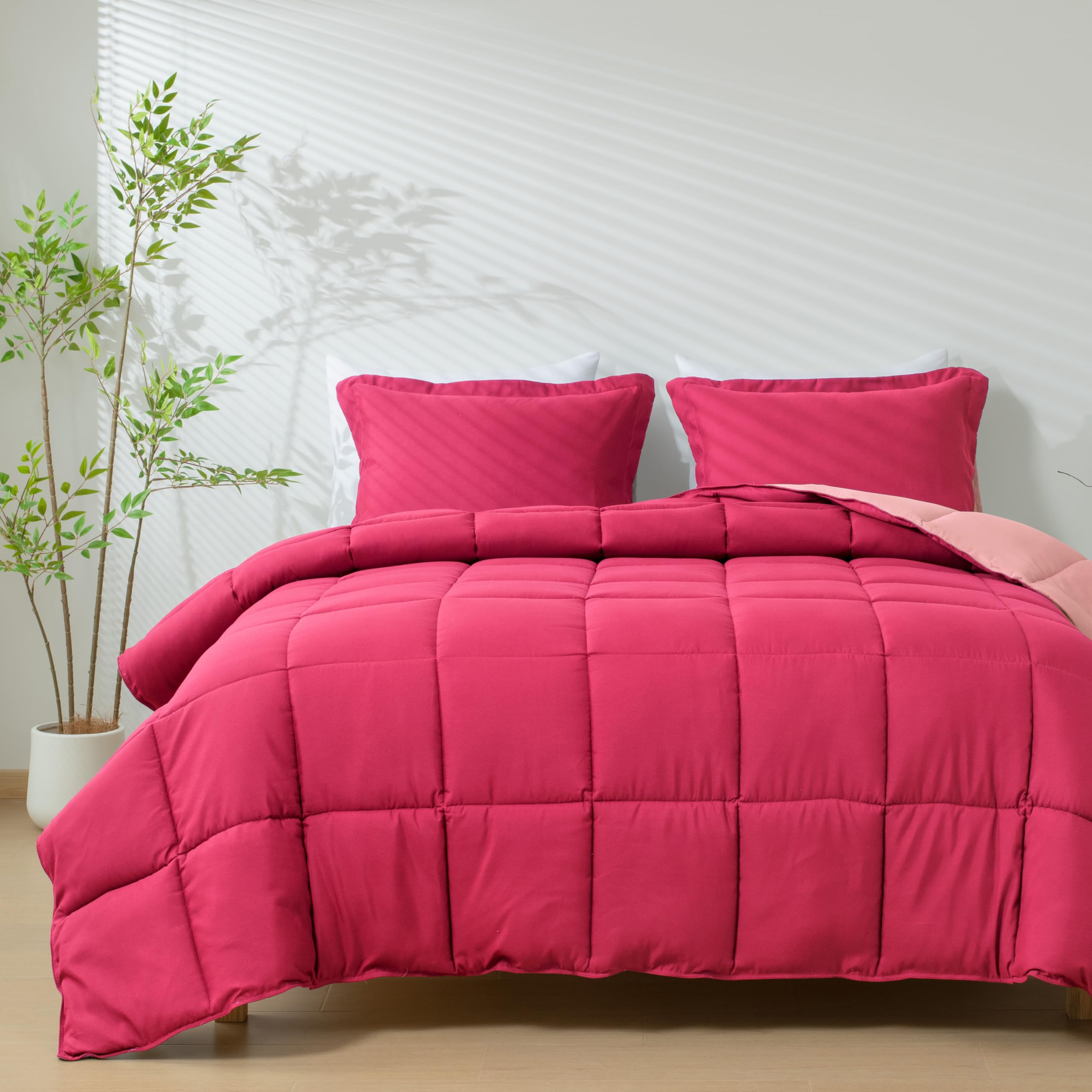 HIG 3pc Down Alternative Comforter Set - All Season Reversible Comforter with Two Shams - Quilted Duvet Insert with Corner Tabs -Box Stitched –Hypoallergenic, Soft, Fluffy (King/Cal King, Pink)-image-6
