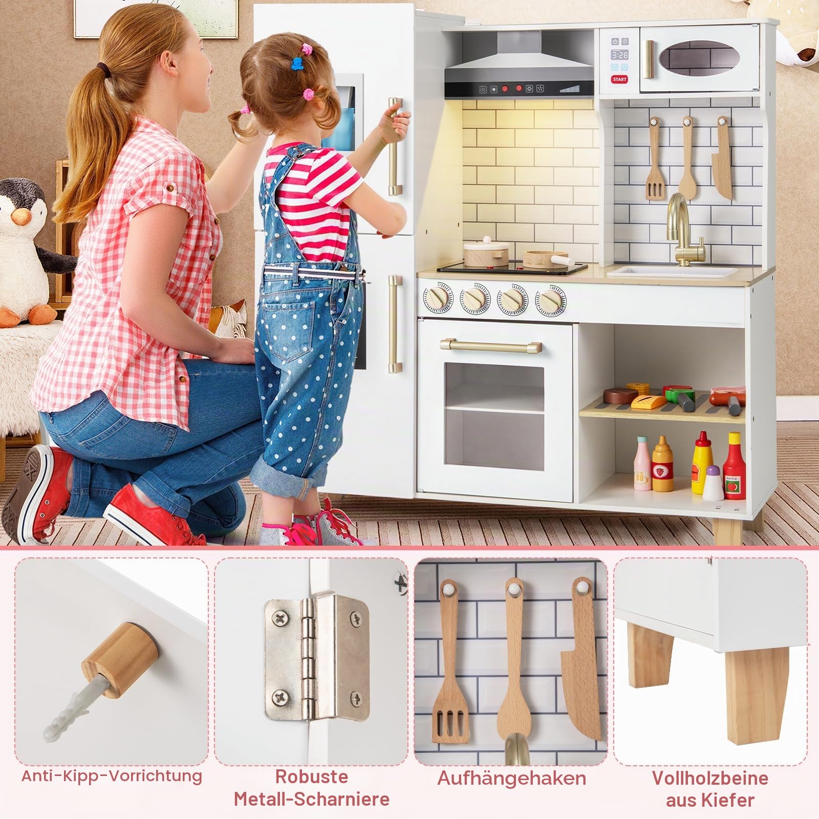 HOMASIS Spielküche mit 10 Zubehör, Kinderküche mit Spüle Herd Dunstabzugshaube Ofen Mikrowelle Tafel Grill Eismaschine, Spielzeugküche mit Licht & Sound, Holzküche für Kinder ab 3 Jahre (Weiß)