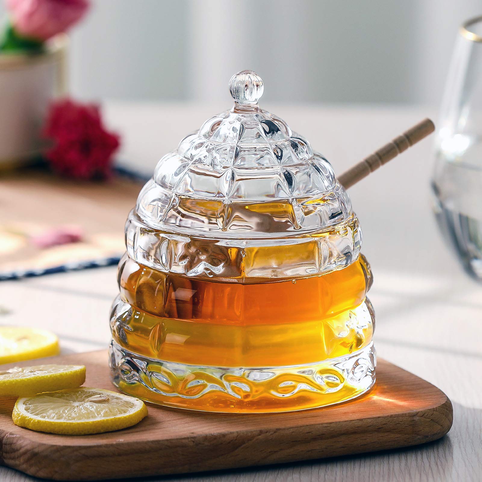 1500 C - Vaso per miele da tavolo con vaschetta e coperchio, 232,5 g, in vetro pesante, per marmellata, gelatina, casa, cucina, tè