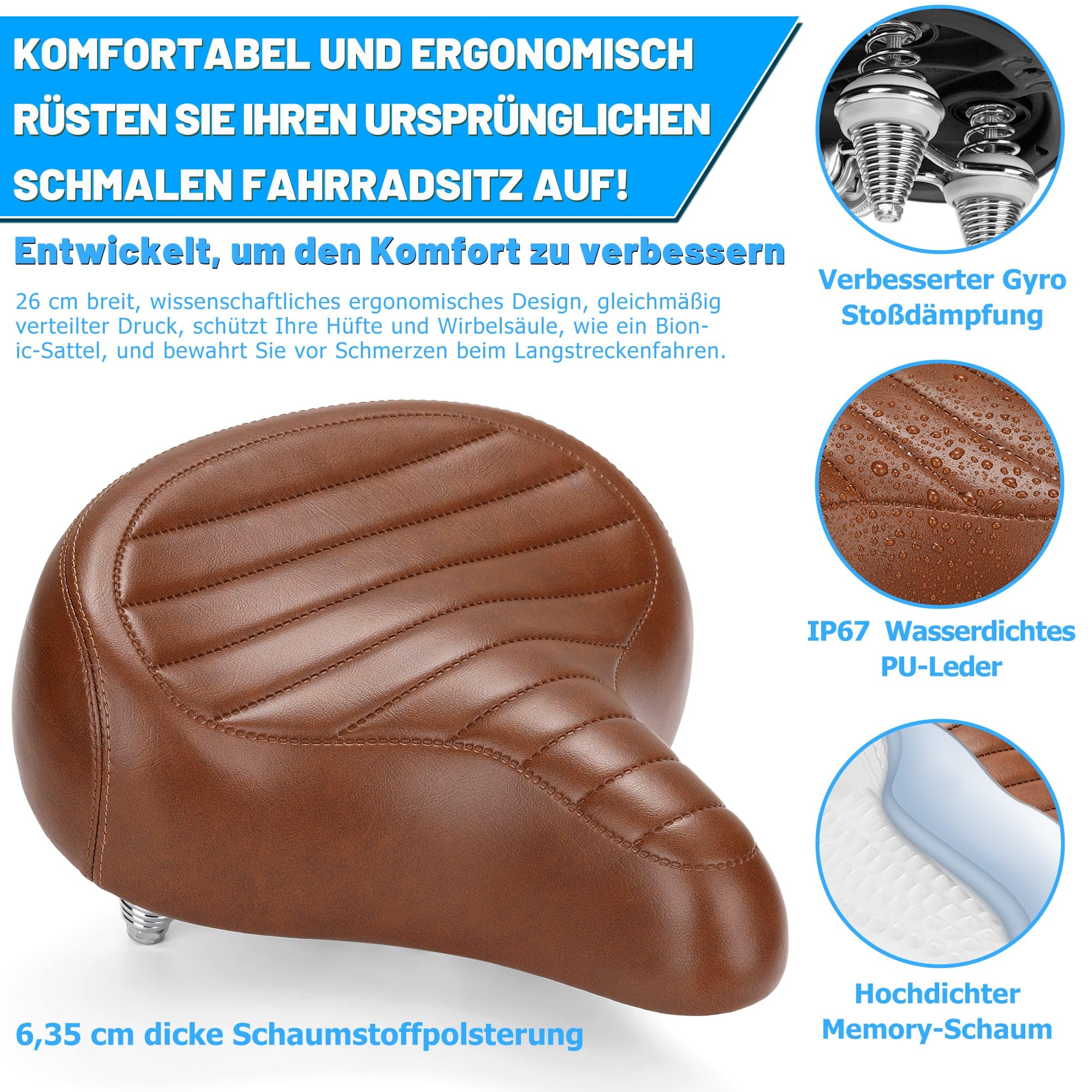 CDYWD Groß Bequemer Fahrradsattel für Herren & Damen, Breit, Weich, Ergonomisch, Bequem Retro Fahrradsitz mit federung, Universal Ersatz Fahrrad Sattel für Cityrad, Mountainbike, Ebike, Heimtrainer