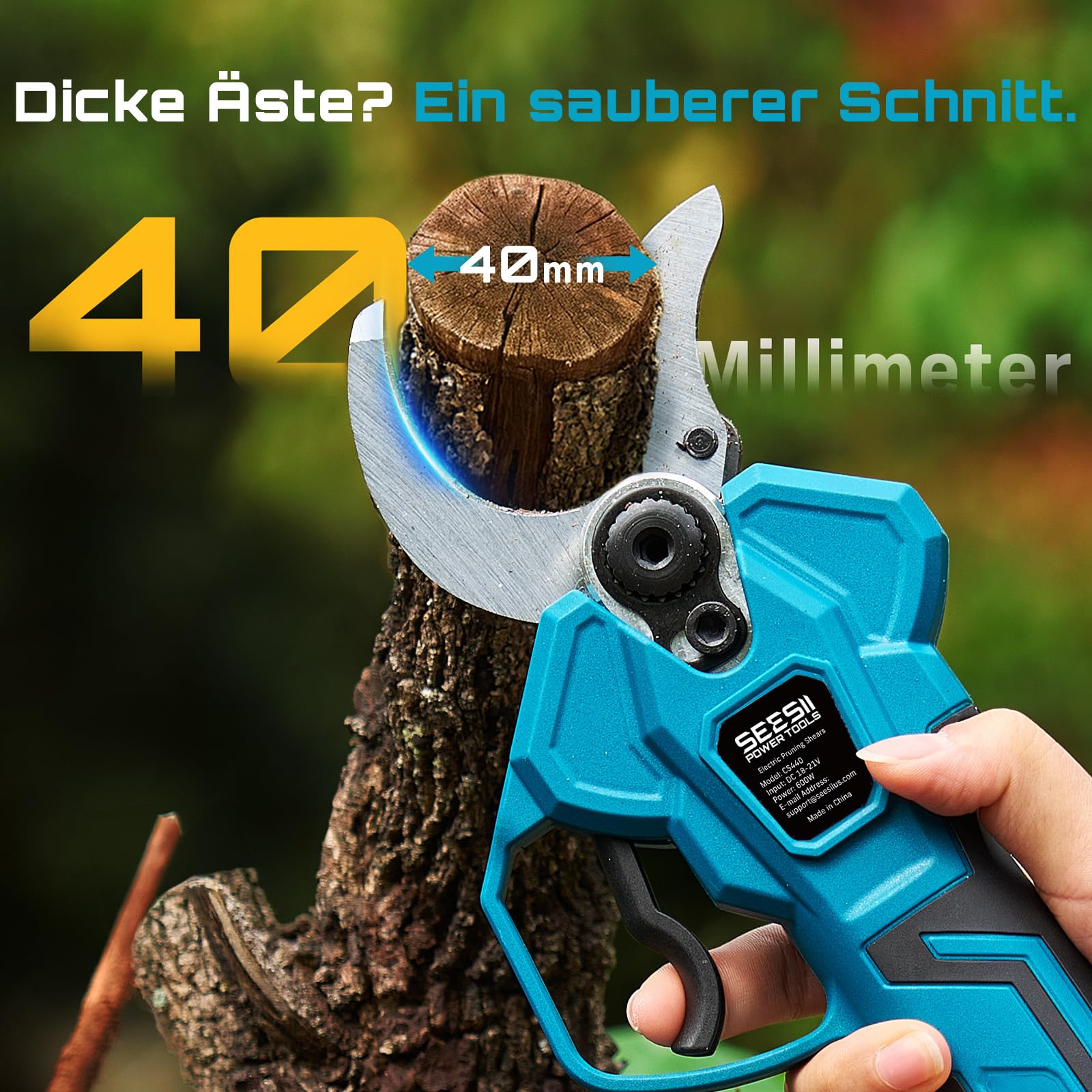SEESII Akku Astschere 40 mm – Elektrische Gartenschere mit 2 * 4000 mAh Akkus, SK5-Klinge, Bürstenlosem Motor, LCD-Anzeige, Für Obstgärten, Landschaftspflege und Professionelle Gartenarbeiten, CS440
