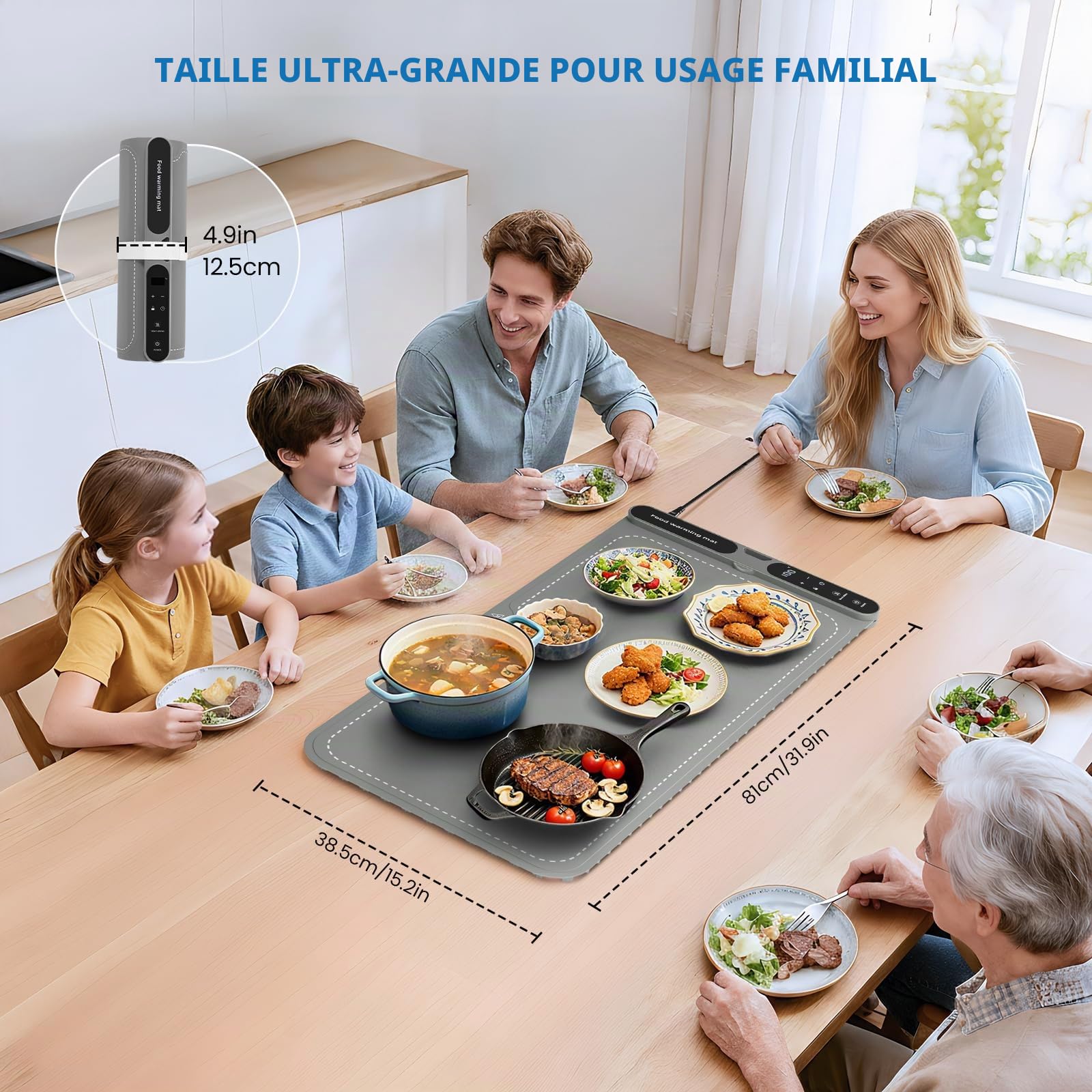 Plaque chauffante 10S à chauffage rapide, grand tapis chauffant électrique avec 7 niveaux de température et 8 minuteries, en silicone souple, gris