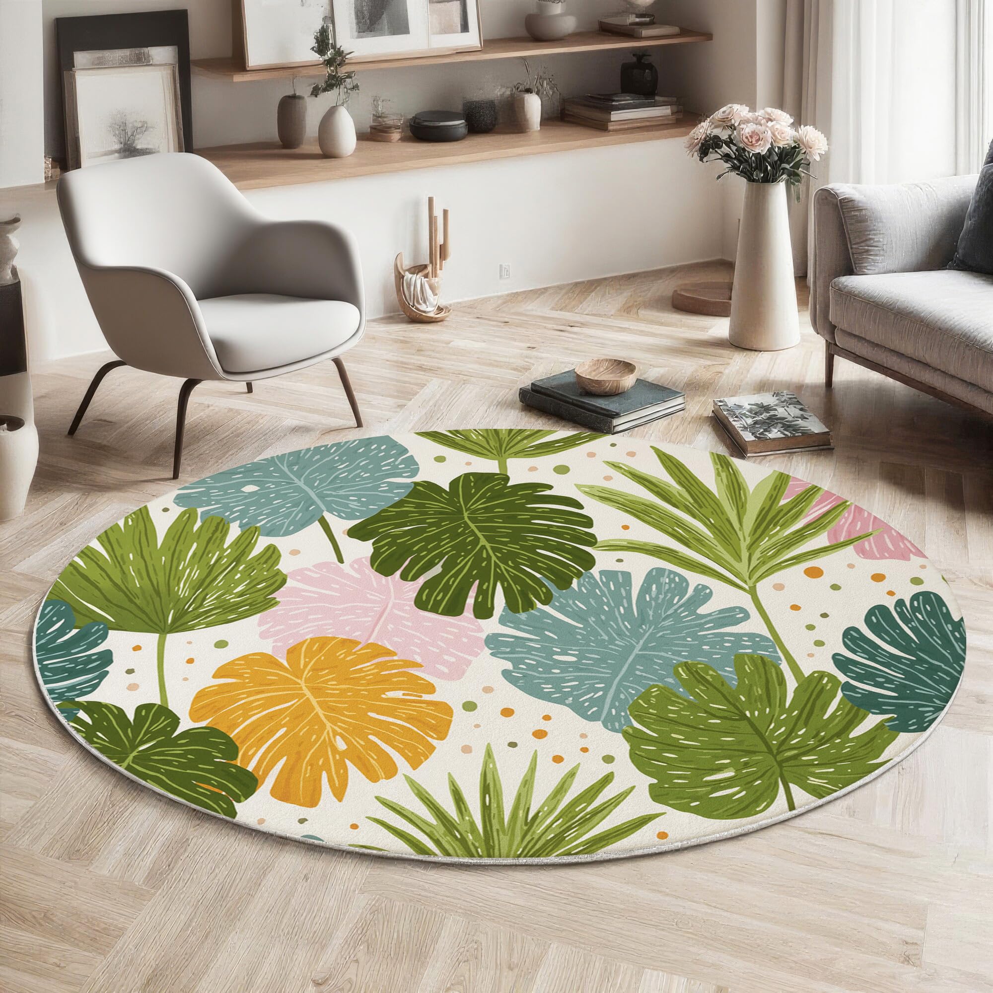 Tapis rond 120cm lavable machine et moquette antidérapante verte pour salon