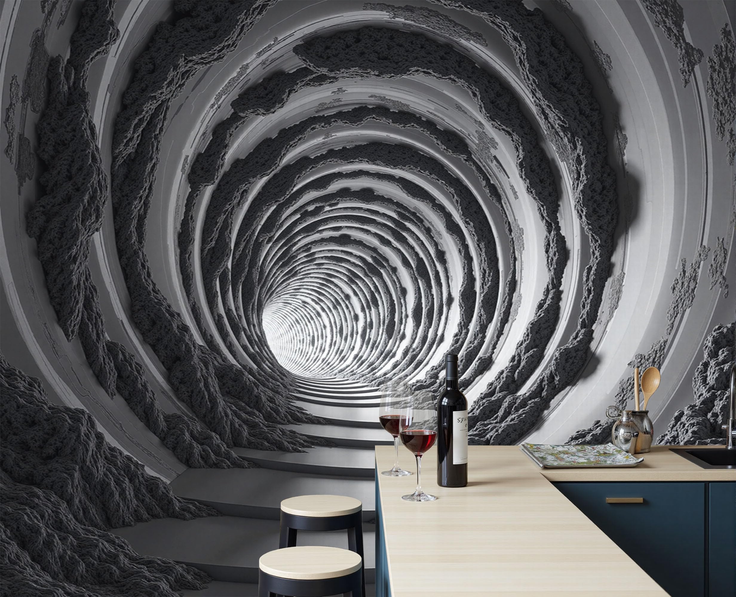 Carta Da Parati 3D Fotomurale Tunnel A Spirale 3D Illusione Visiva Fotografica Design Nero Per Pareti Camera Soggiorno Divano Tv Hotel Corridoio Sfondo Dipinto Murale 200X140Cm