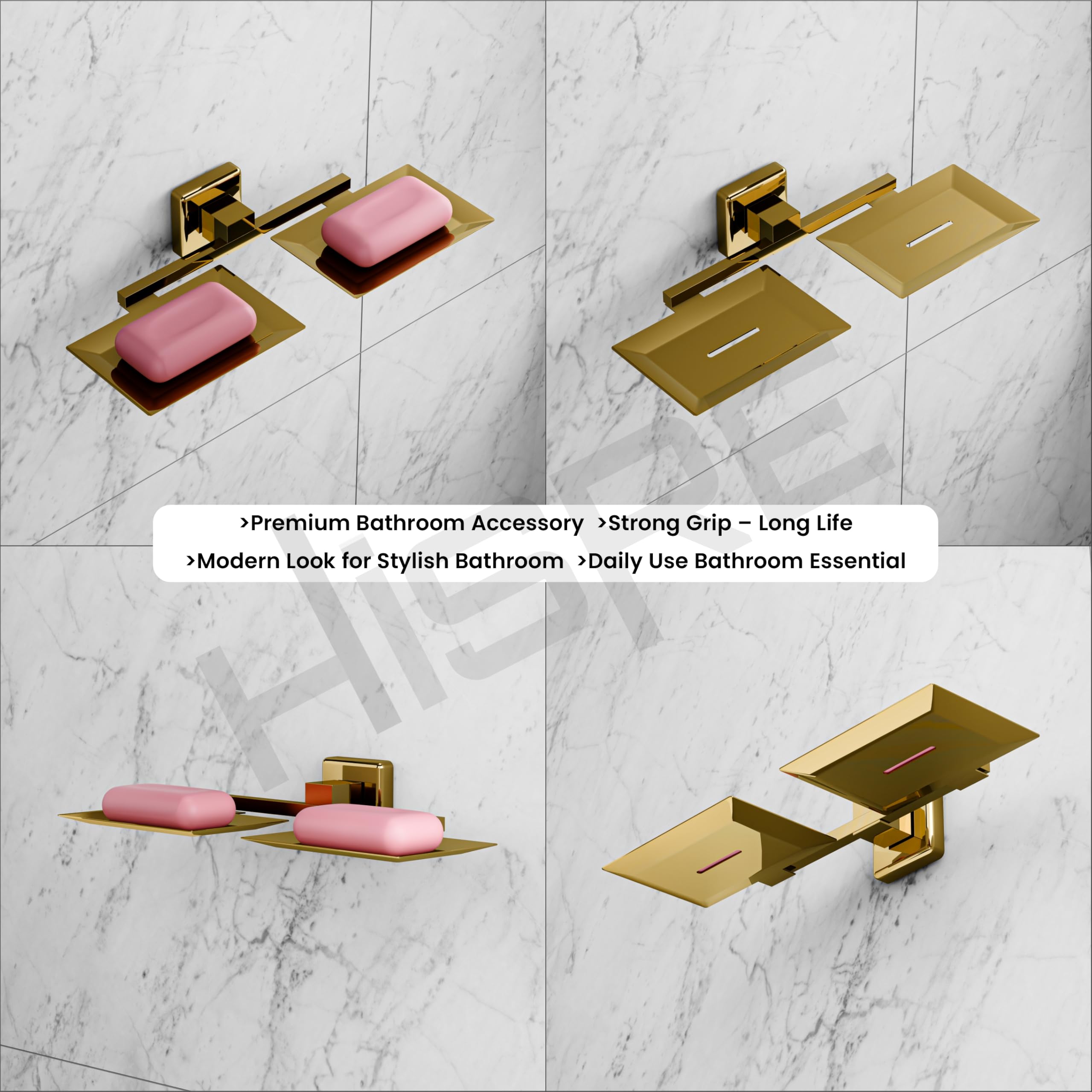 HISRE Double Soap Holder Wall Mounted | Gold Square Design Dual Soap Dish, Modern Bathroom Soap Tray for Shower, Sink & Wash Basin, photo 5 of 5