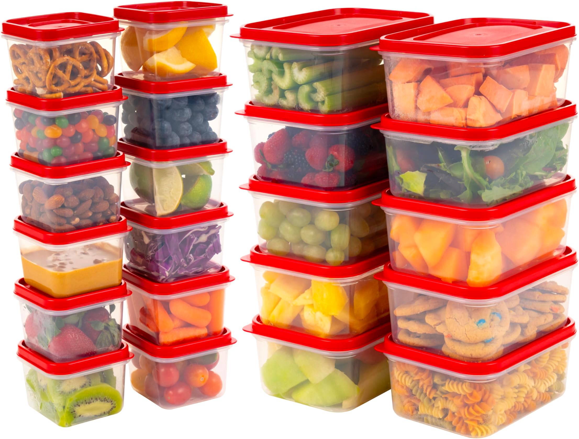 44 PC Plastic Food Storage Containers With Lids | 22 Meal Prep Containers & 22 Lids| Leftovers Office Lunch Snack Fruit, Microwave Dishwasher Freezer Safe, BPA Free, Clear/Red