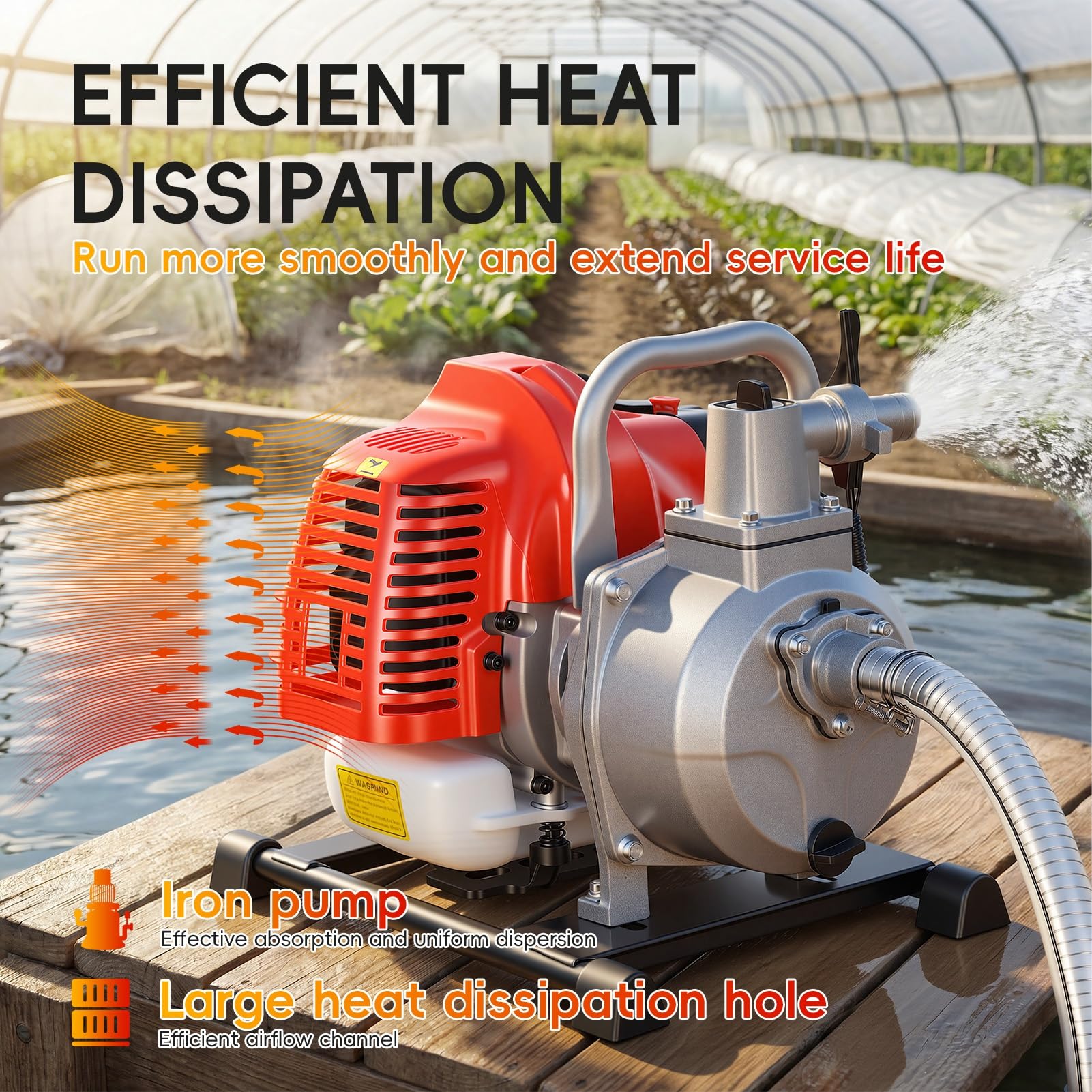 Motopompe Thermique 42.5CC (1.25 kW) - Pompe à Eau Thermique à Essence 9756 L/h (30m) - Pompe de Surface, Arrosage Jardin et Vide Piscine pour Irrigation Agricole Rouge