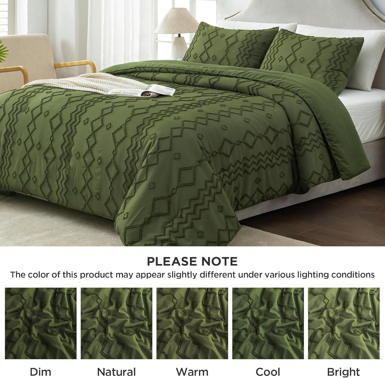 Andency Olive Green Tufted Comforter Set Twin(66x90Inch), 2 Pieces Boho Textured Farmhouse Bedding, Soft Down Alternative Geometric Bed Set
