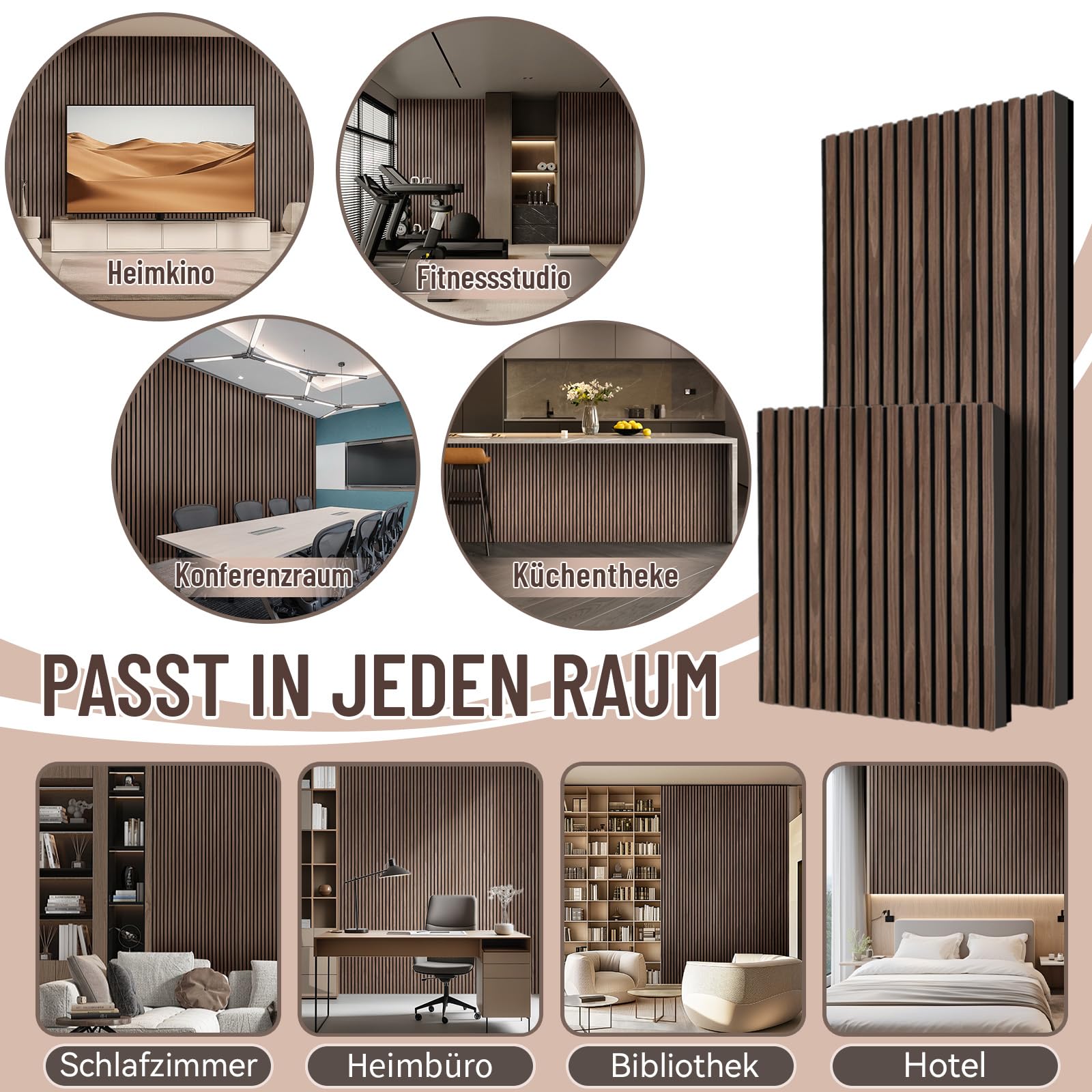 AKK-STAVE Akustikpaneele Holz 240x60 cm (1er-Set 1,44 m²) - Akustik Paneele & Holzpaneele Wand für Schallschutz | 3D Paneele Wand als Wandverkleidung Innen,Schallabsorber für Wohnzimmer(Schwarznuss)