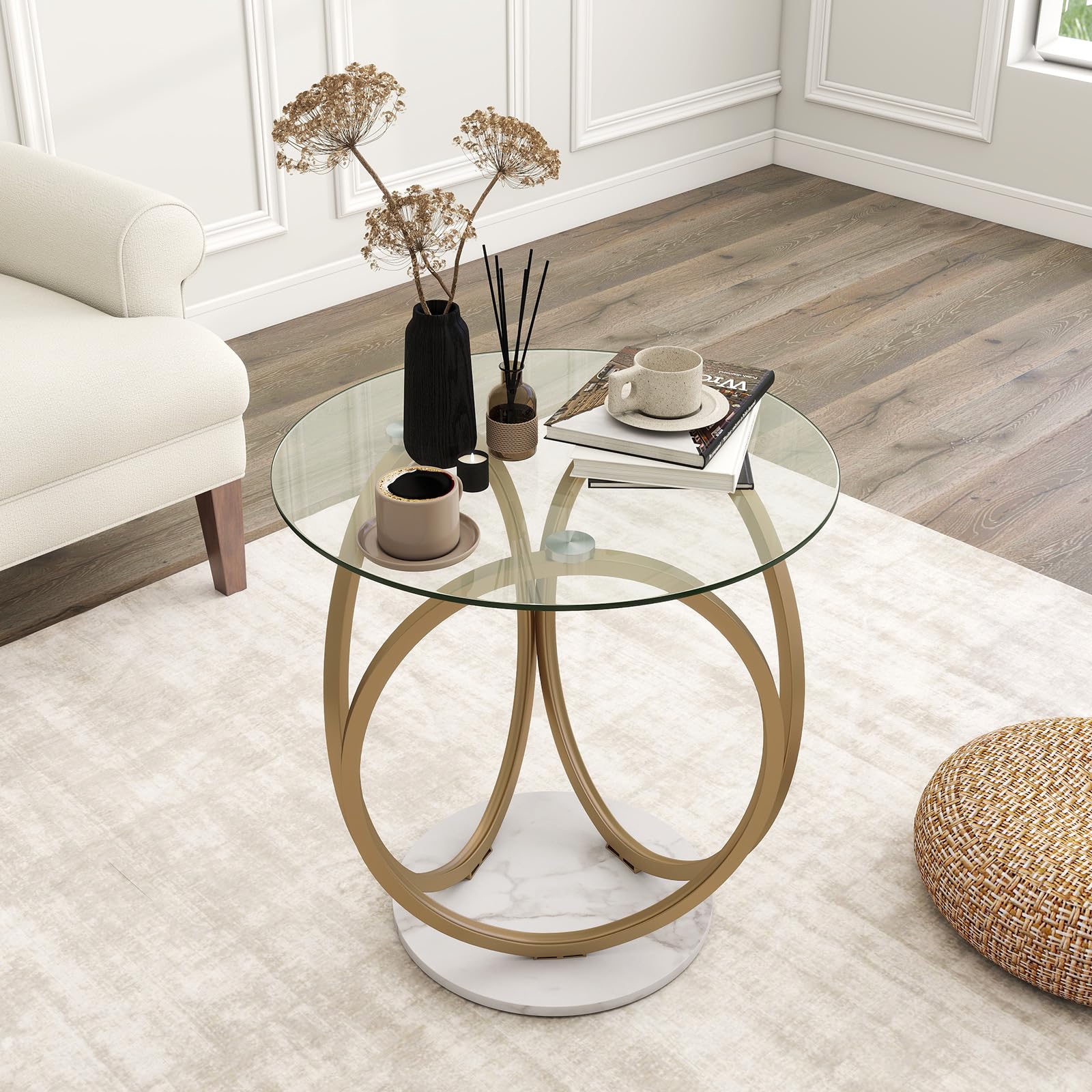 COSTWAY Mesa de Centro Redonda, Mesa Moderna de Vidrio Templado con Marco Geométrico de Anillo Metálico, Mesa Auxiliar para Salon, Oficina en Casa, Espacios Pequeños, 60 x 60 x 61,5 cm