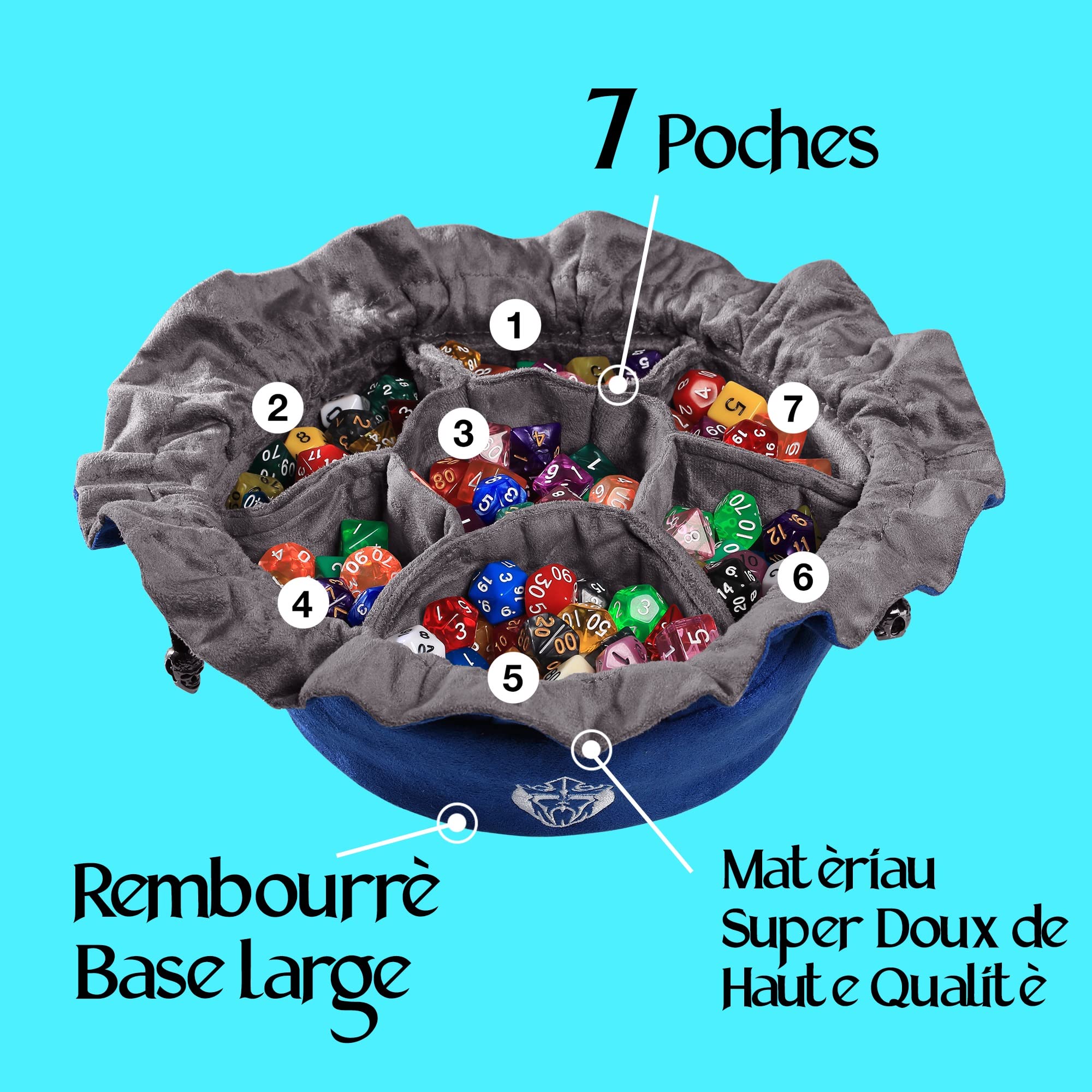 CardKingPro Sac à Dés Immense avec Poches - Bleu - Capacité 150+ Dés - Excellent Organisateur pour Collectionneurs de Dés, Parfait pour Dungeons and Dragons [Design Breveté]