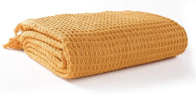 EHC Waffle Throws for Sofa Armchair Blanket Single Bed Cover, 125 X 150cm - Ochre