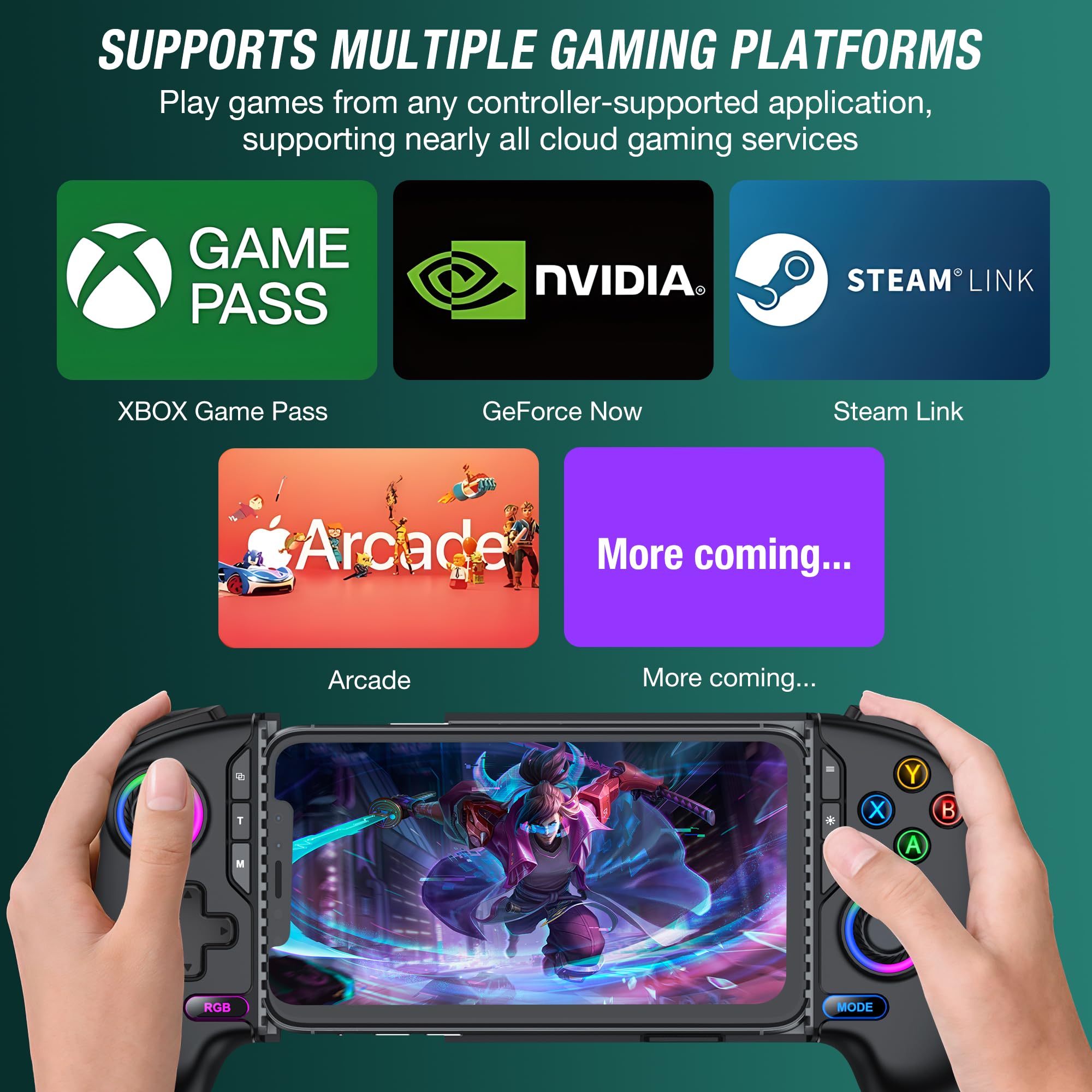 Controller da gioco mobile per iPhone e Android, controller per telefono per Xbox/Steam/GeForce Now/MFi Apple Arcade/Roblox/Minecraft, controller wireless per giochi telefonici con joystick effetto